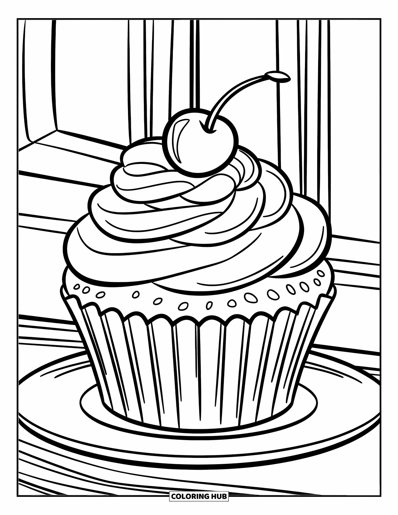 Coloriage d'aliments pour enfants : Cupcake à glaçage tourbillonnant garni d'une cerise sur une assiette