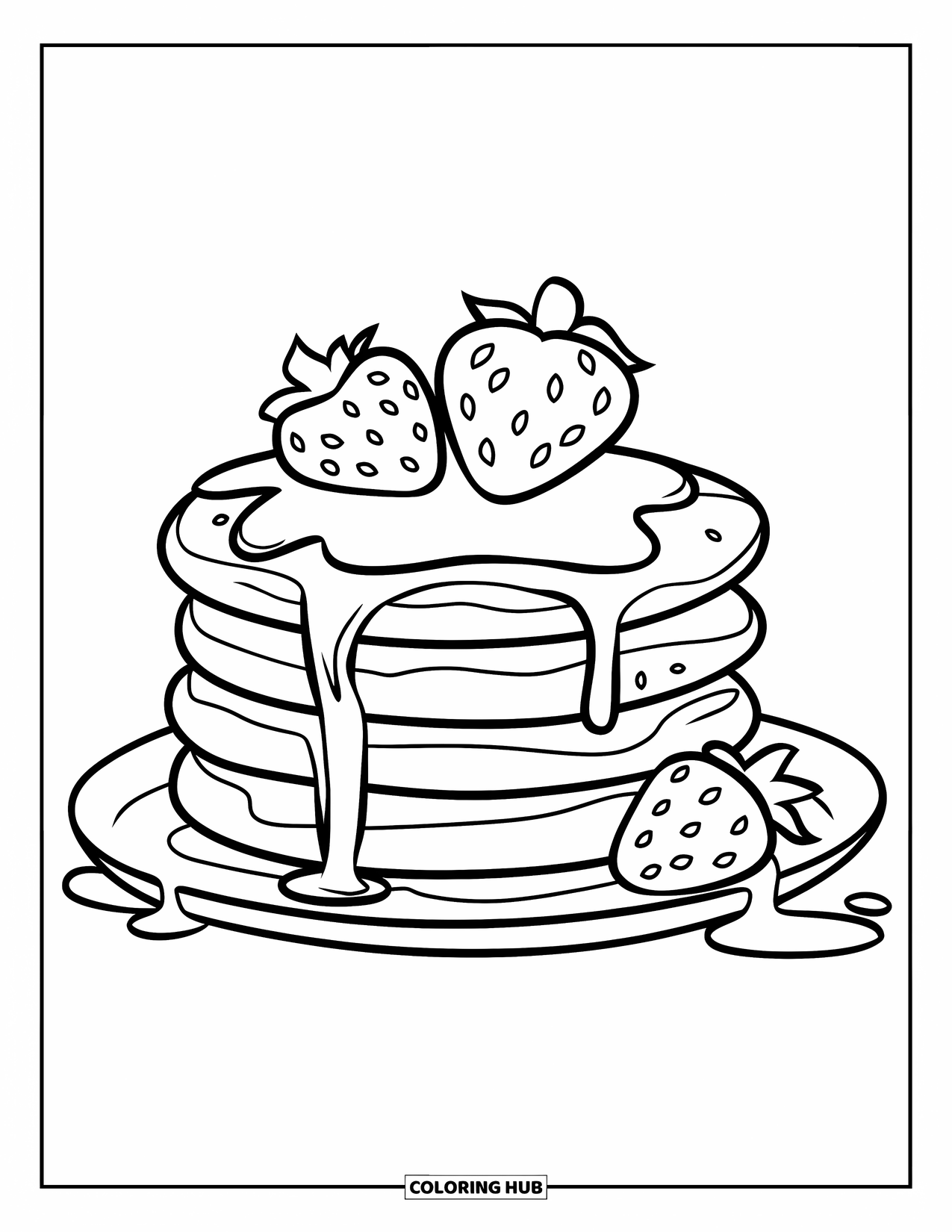Coloriage d'aliments pour enfants : Pile de crêpes sirupeuses avec des fraises et des contours gras