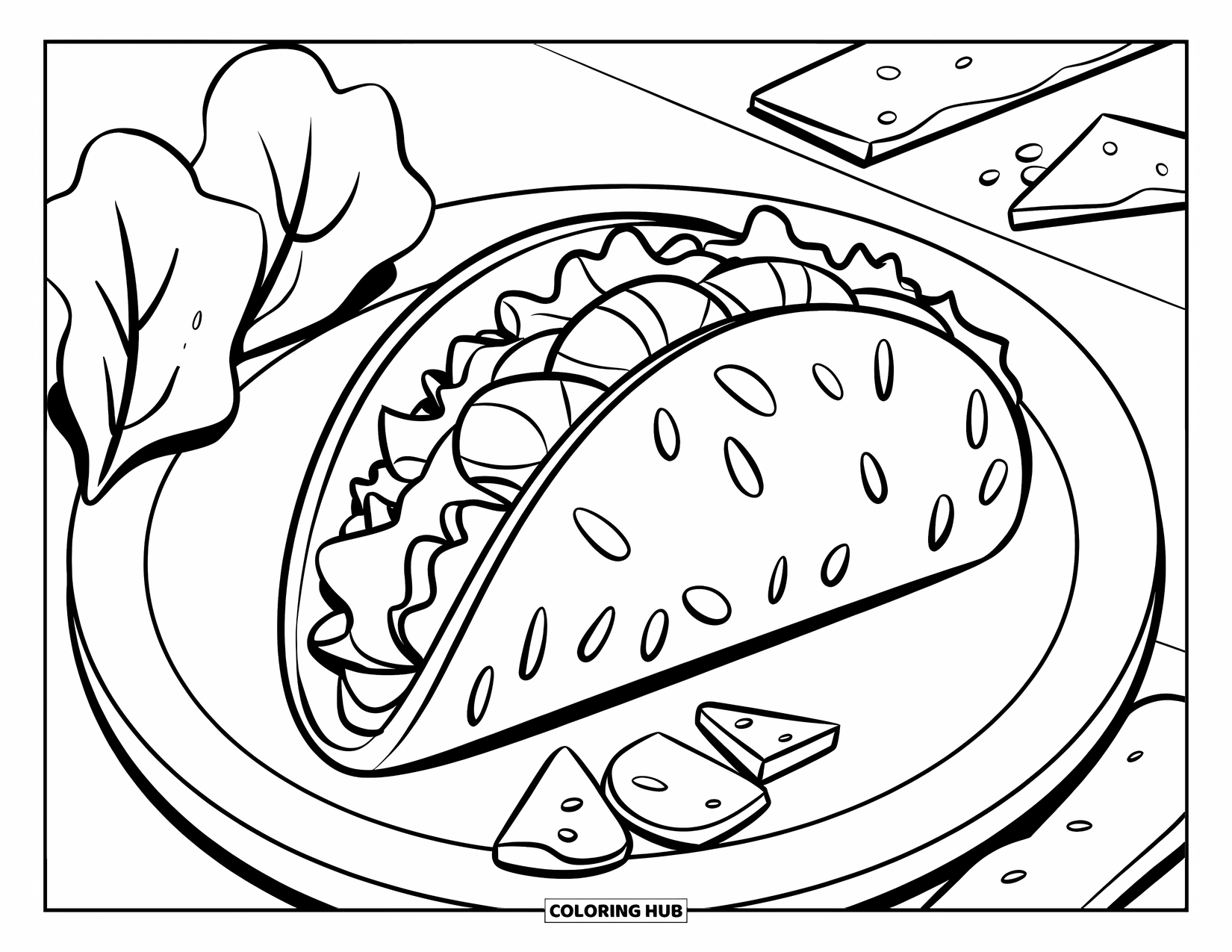Coloriage d'aliments pour enfants : Taco bien rempli et entouré de fromage râpé et de laitue