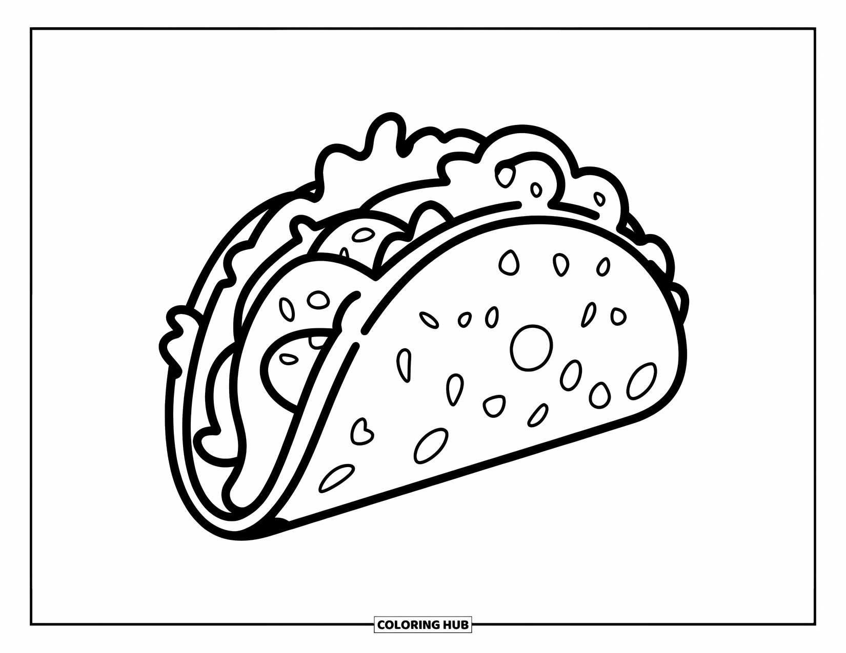 Coloriage d'aliments pour enfants : Taco avec un contour gras et des ingrédients amusants sur un fond propre