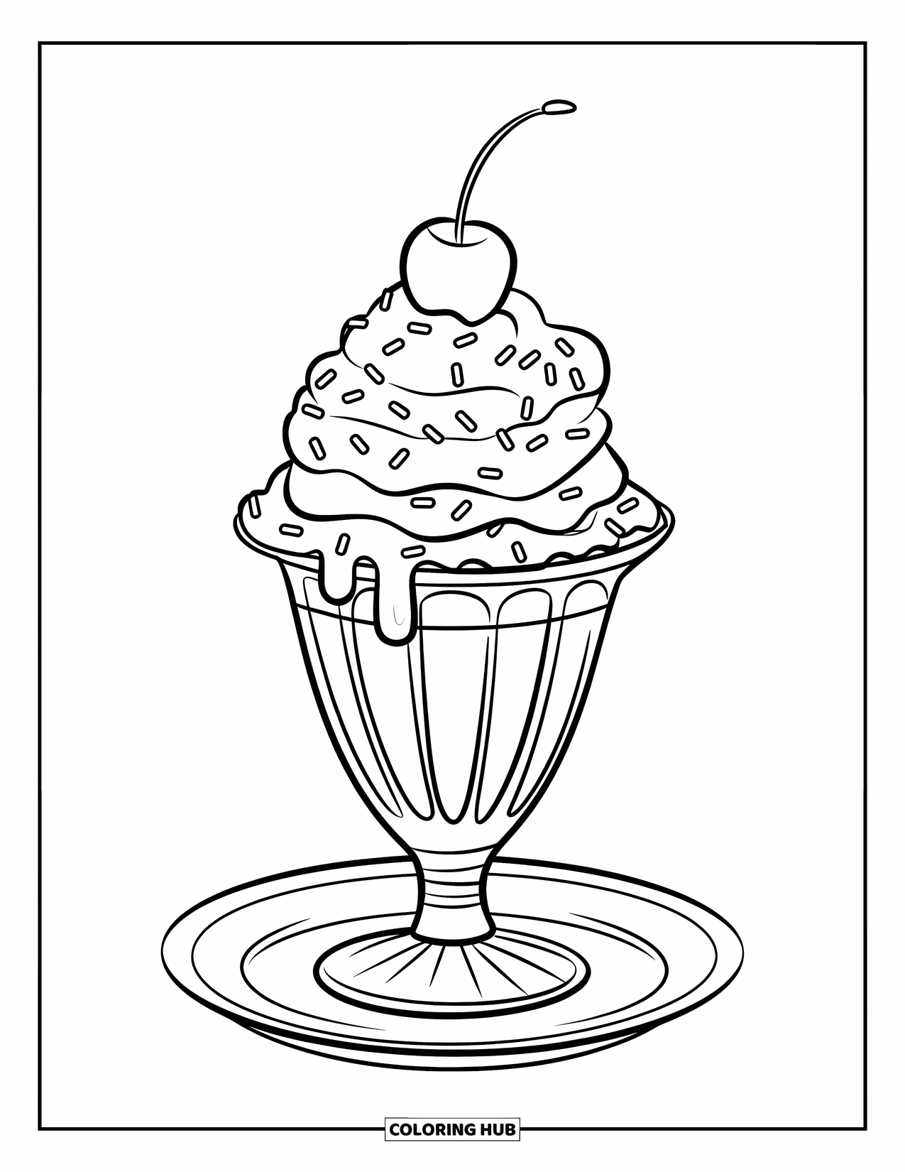 Coloriage d'aliments pour enfants : Grande coupe glacée avec de la crème fouettée, des vermicelles et une cerise sur le dessus