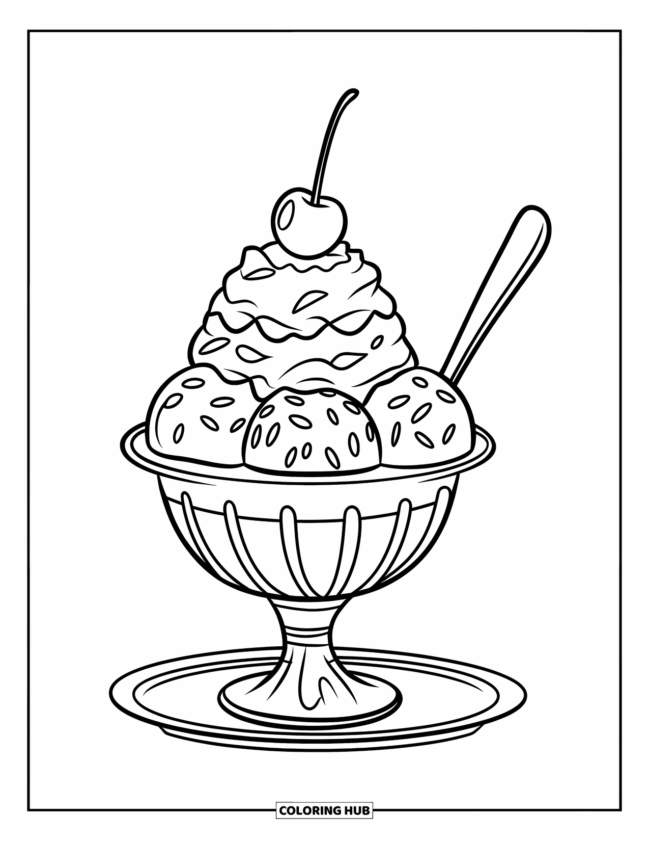 Coloriage d'aliments pour enfants : Grande coupe glacée avec une cerise et des vermicelles servie dans une assiette