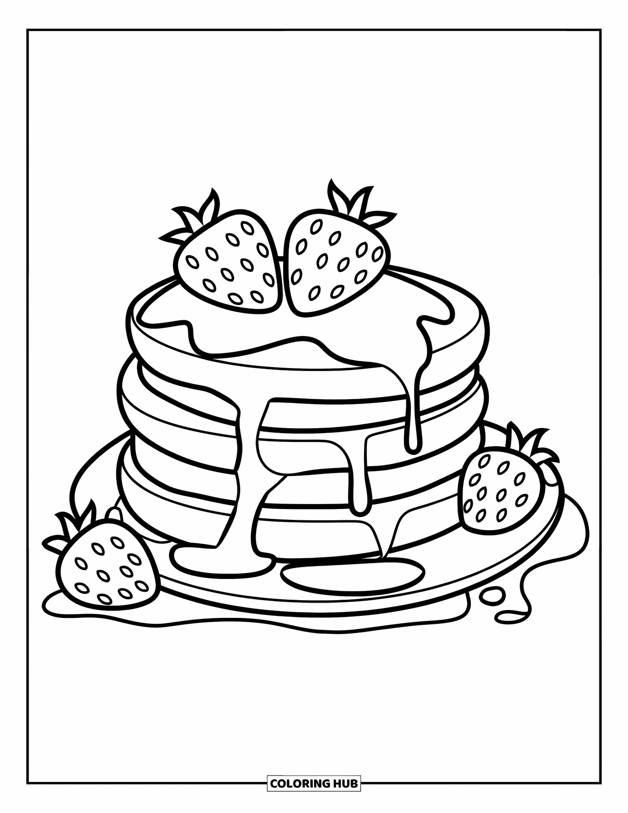 Coloriage d'aliments pour enfants : Trois crêpes moelleuses avec du sirop dégoulinant et des baies
