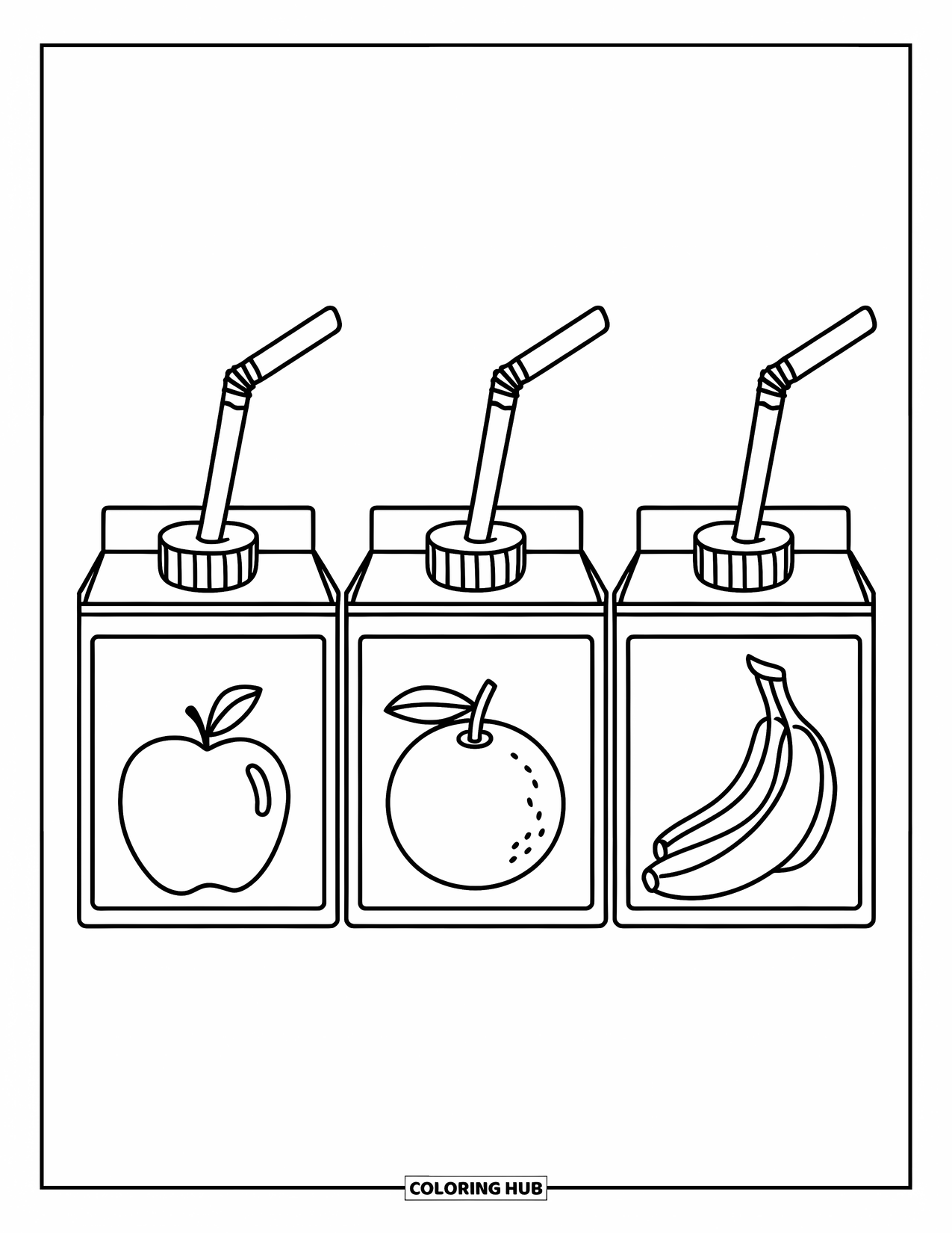 Coloriage d'aliments pour enfants : Trois boîtes de jus étiquetées avec des fruits, des pailles pliées et un style simple