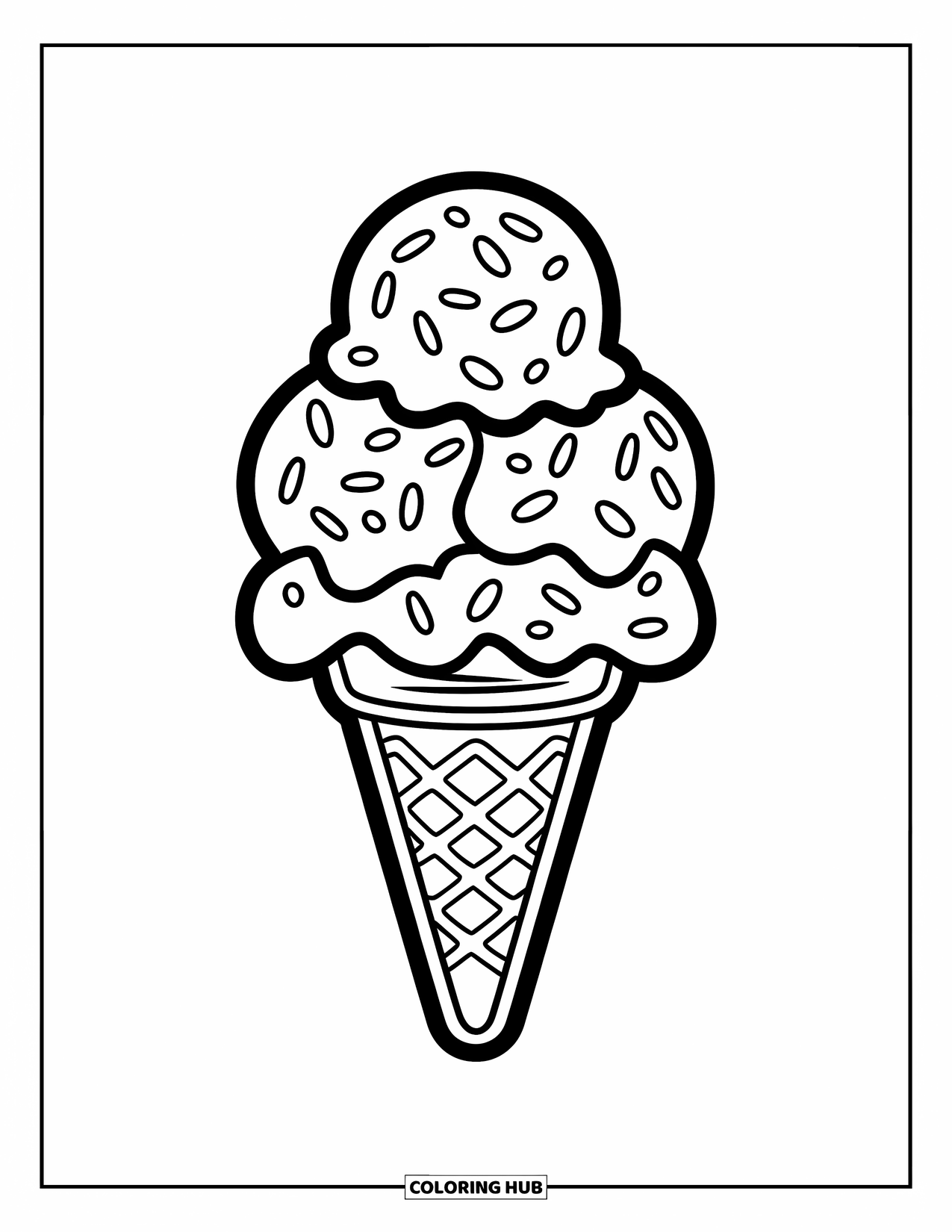 Coloriage d'aliments pour enfants : Cornet à trois boules avec des vermicelles et des textures ondulées