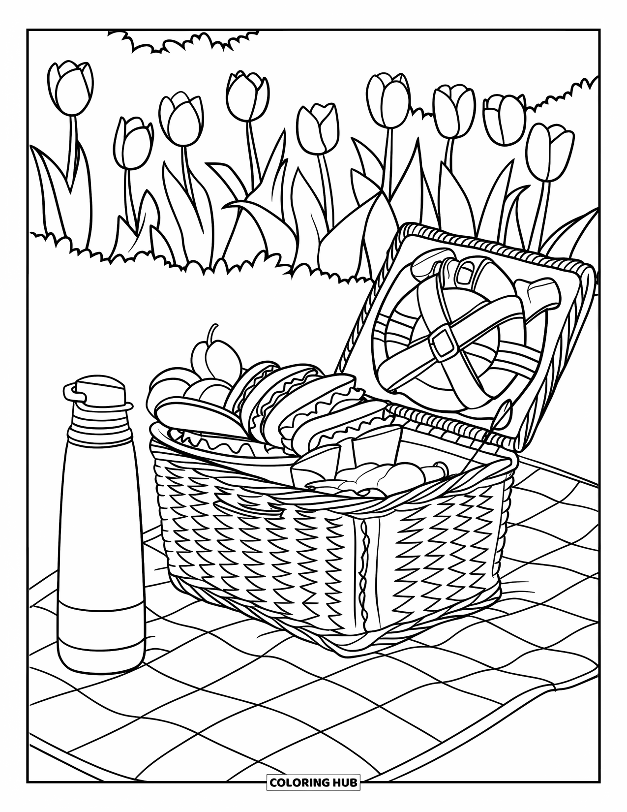 Coloriage d'aliments pour enfants : Pique-nique dans un jardin de tulipes avec un panier rempli de sandwichs, de fruits et d'un thermos