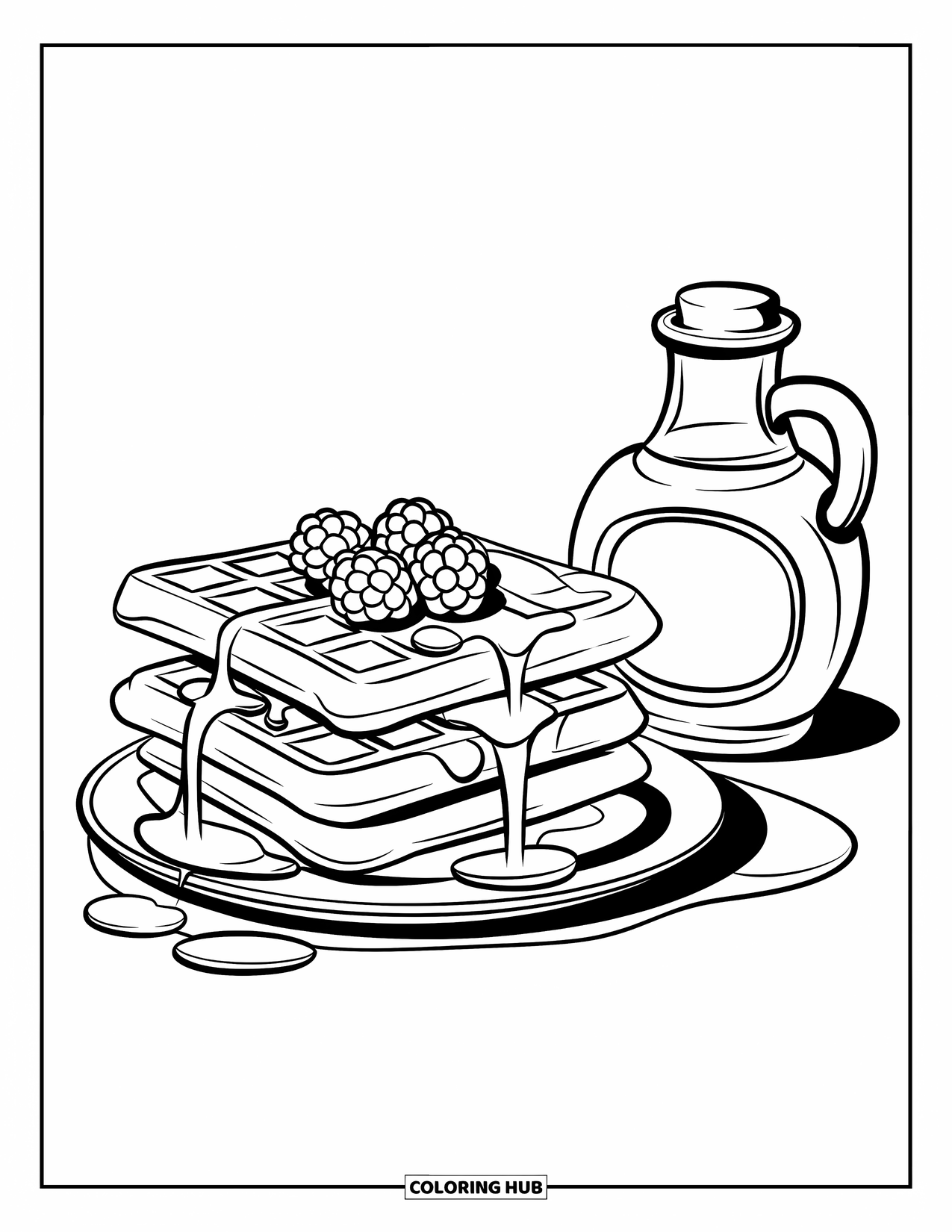 Coloriage d'aliments pour enfants : Gaufres garnies de baies et de sirop à côté d'une bouteille