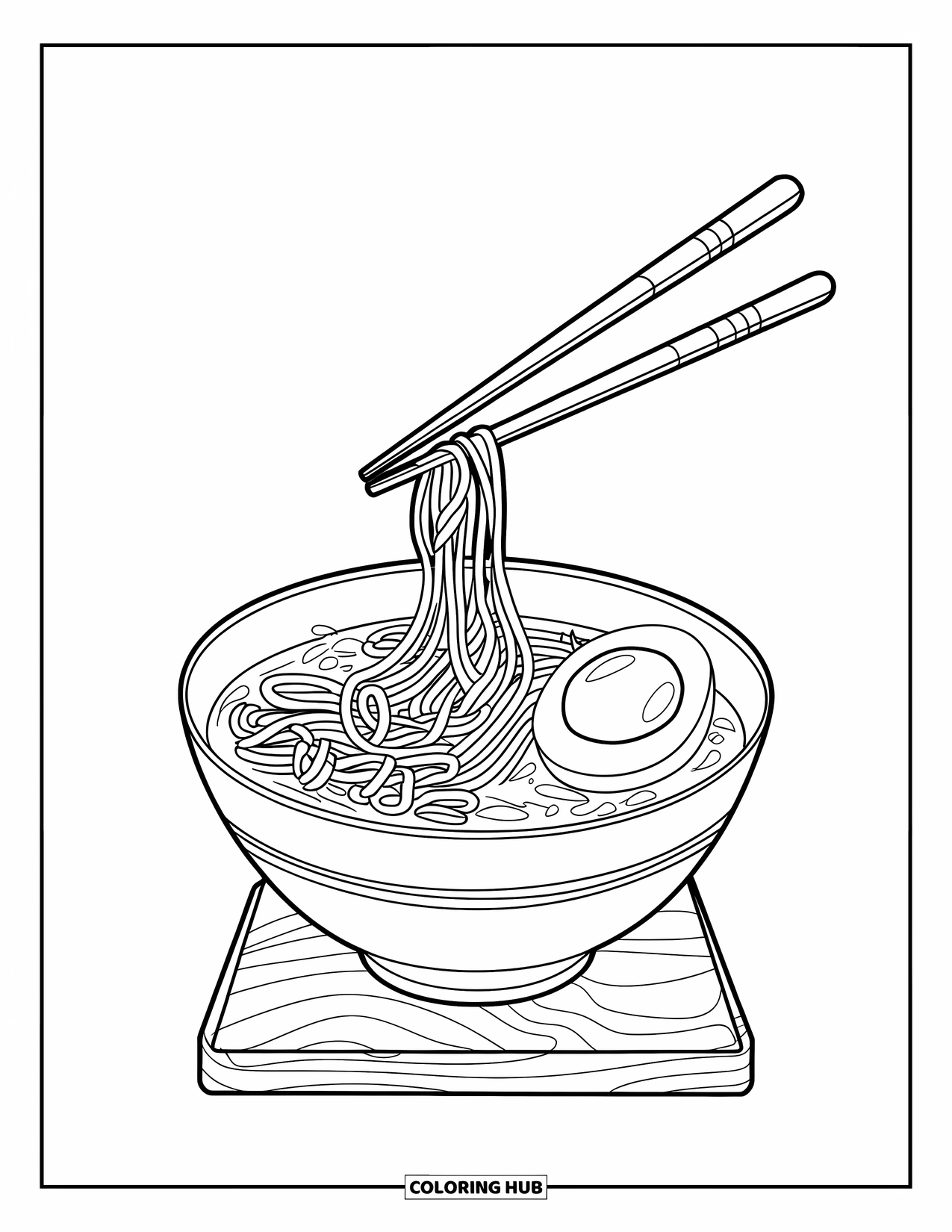 Coloriage d'aliments pour enfants : Bol de ramen chaud avec des nouilles, un œuf entier et des baguettes en l'air