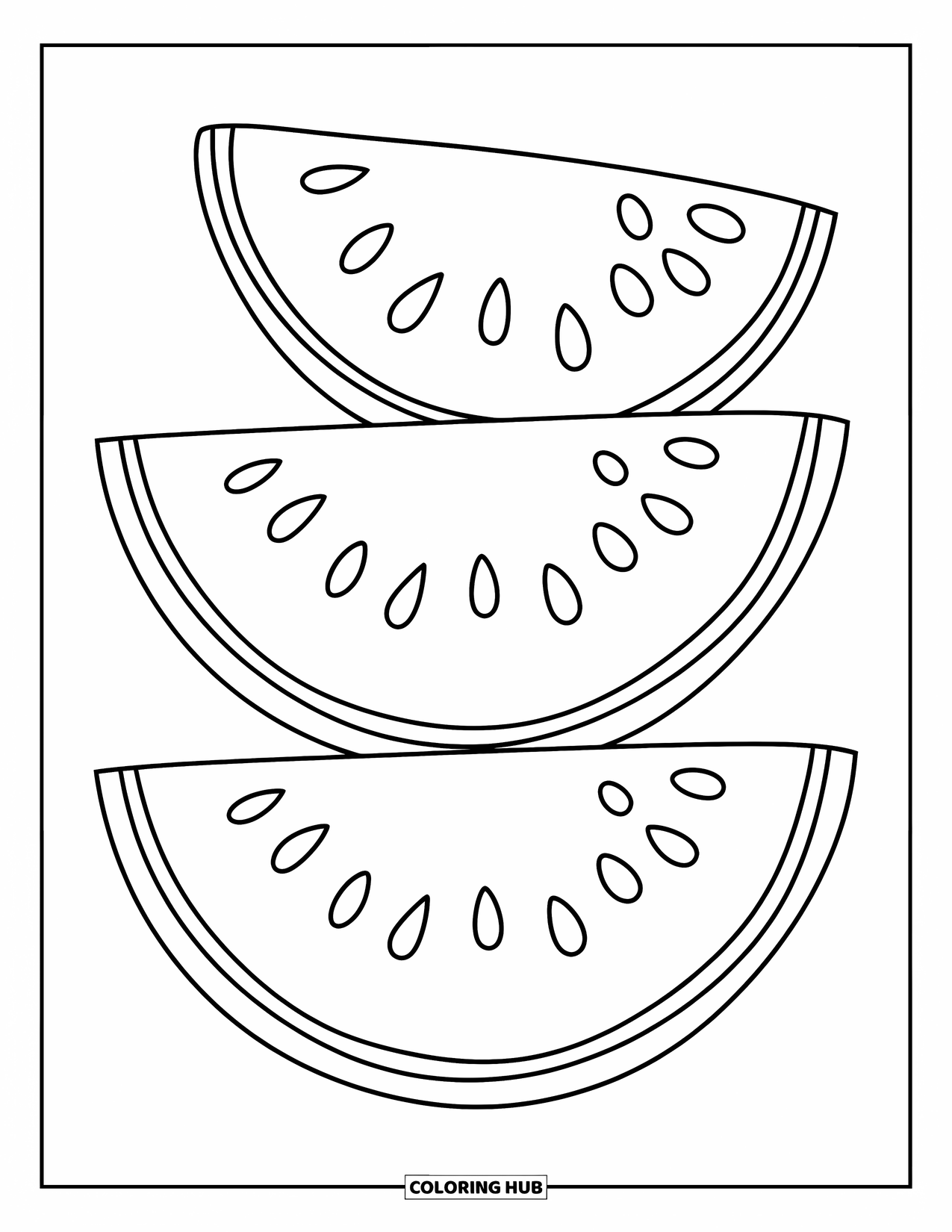 Coloriage d'aliments pour enfants : Tranches de pastèque avec écorce, moelle et petites graines