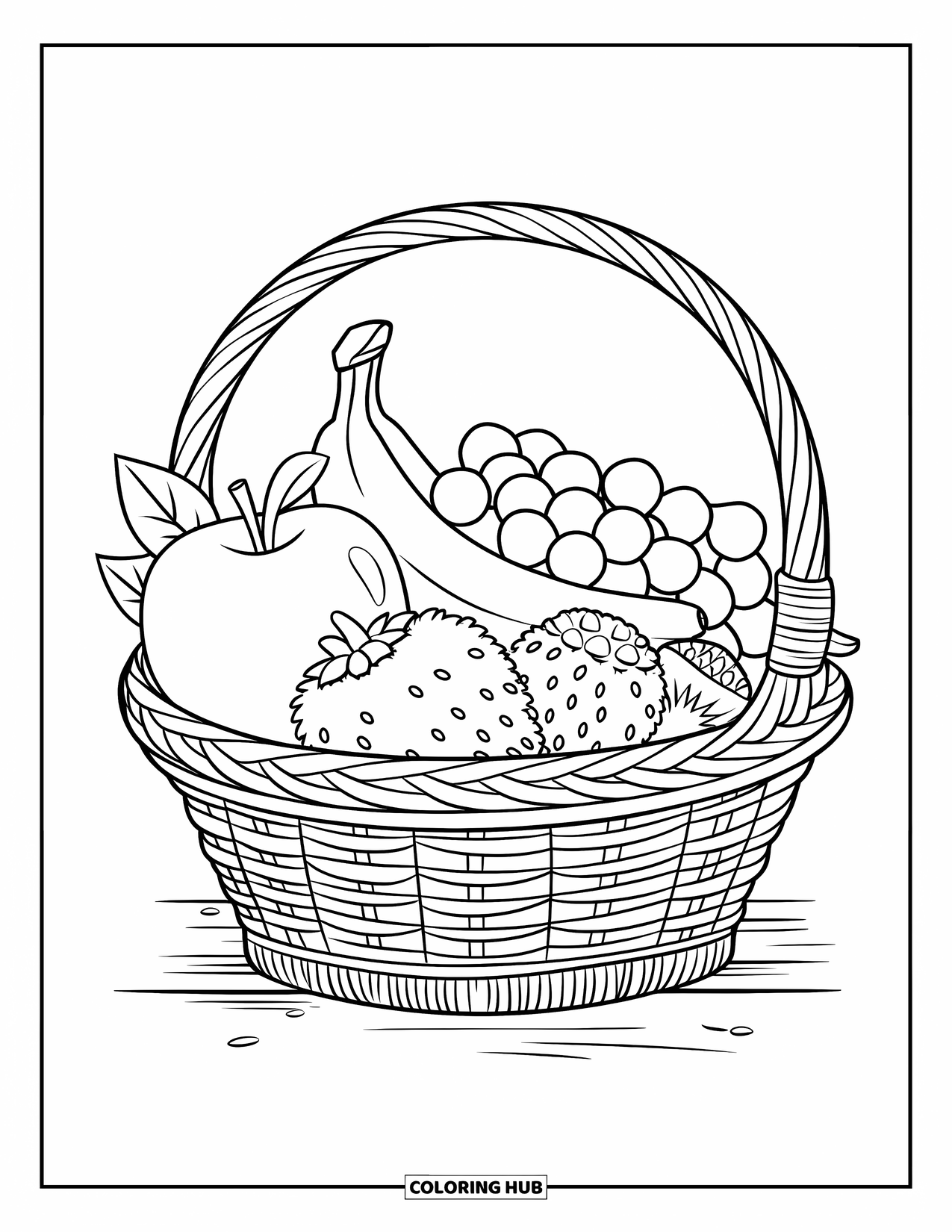 Coloriage d'aliments pour enfants : Panier de fruits en osier soigneusement disposé sur une base en bois