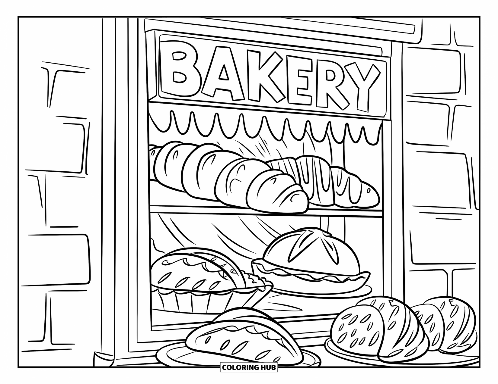 Coloriage d'aliments pour enfants : Vitrine avec des pâtisseries et un panneau indiquant « Bakery »