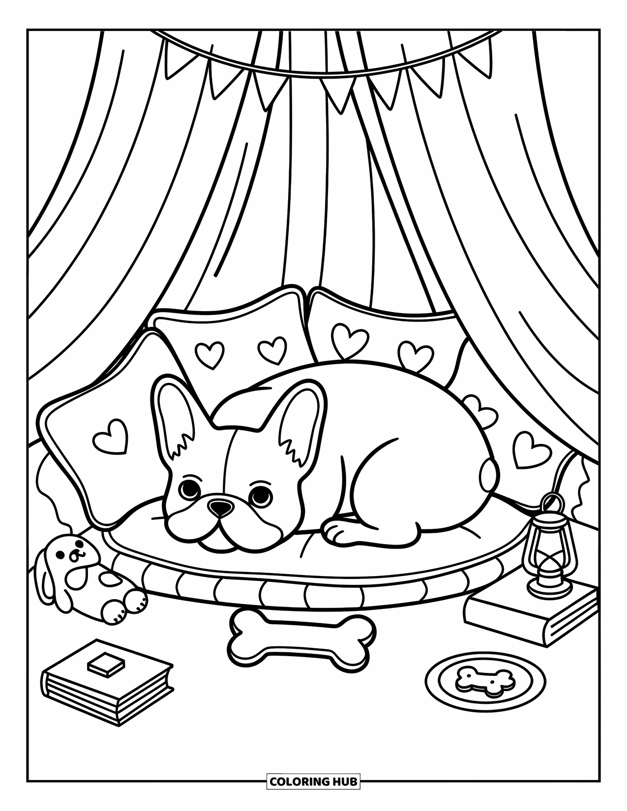 Desenho de Bulldog Francês para Adultos: Bulldog Francês aconchegante descansa em um forte com um prato de biscoitos e brilho de lanterna