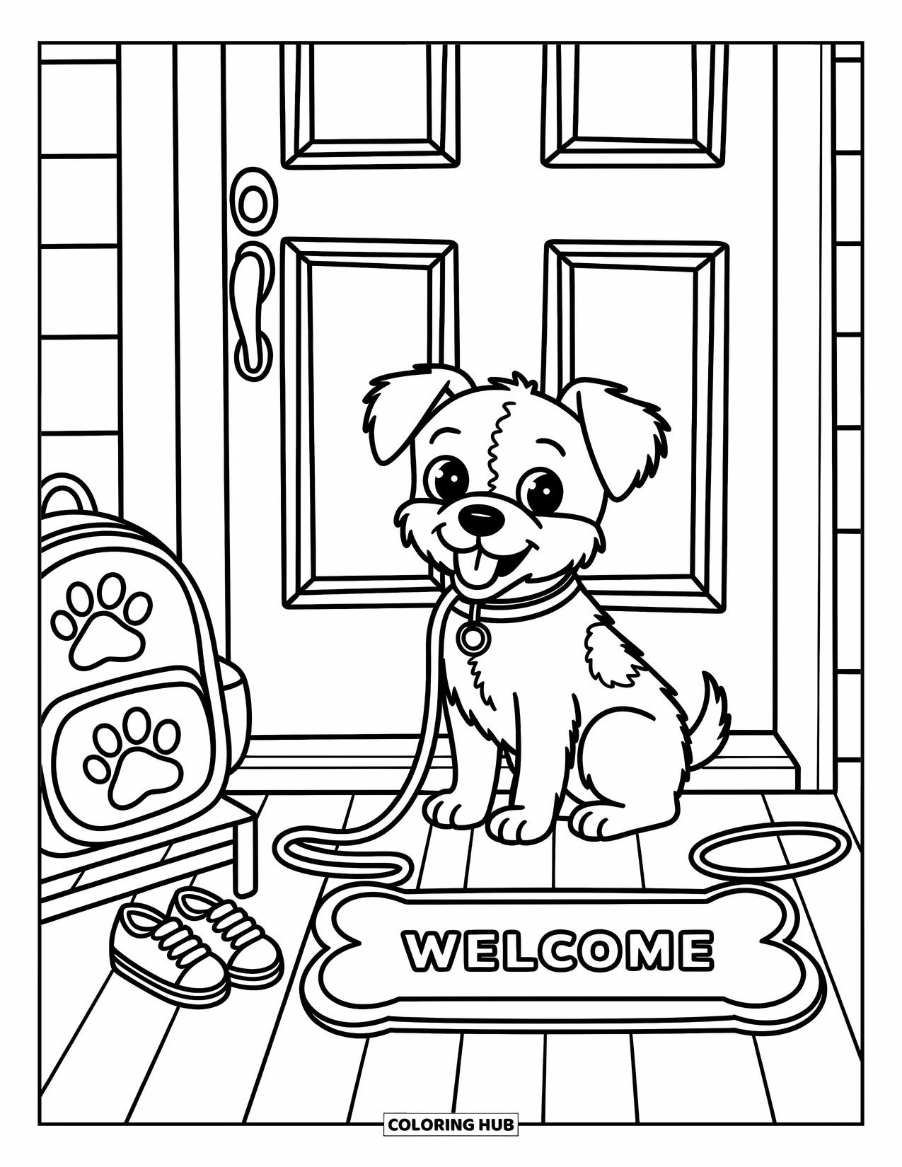 Desenho de Bulldog Francês para Adultos: Frenchie ansioso espera com coleira, sapatos de cachorro e um tapete com estampa de pata