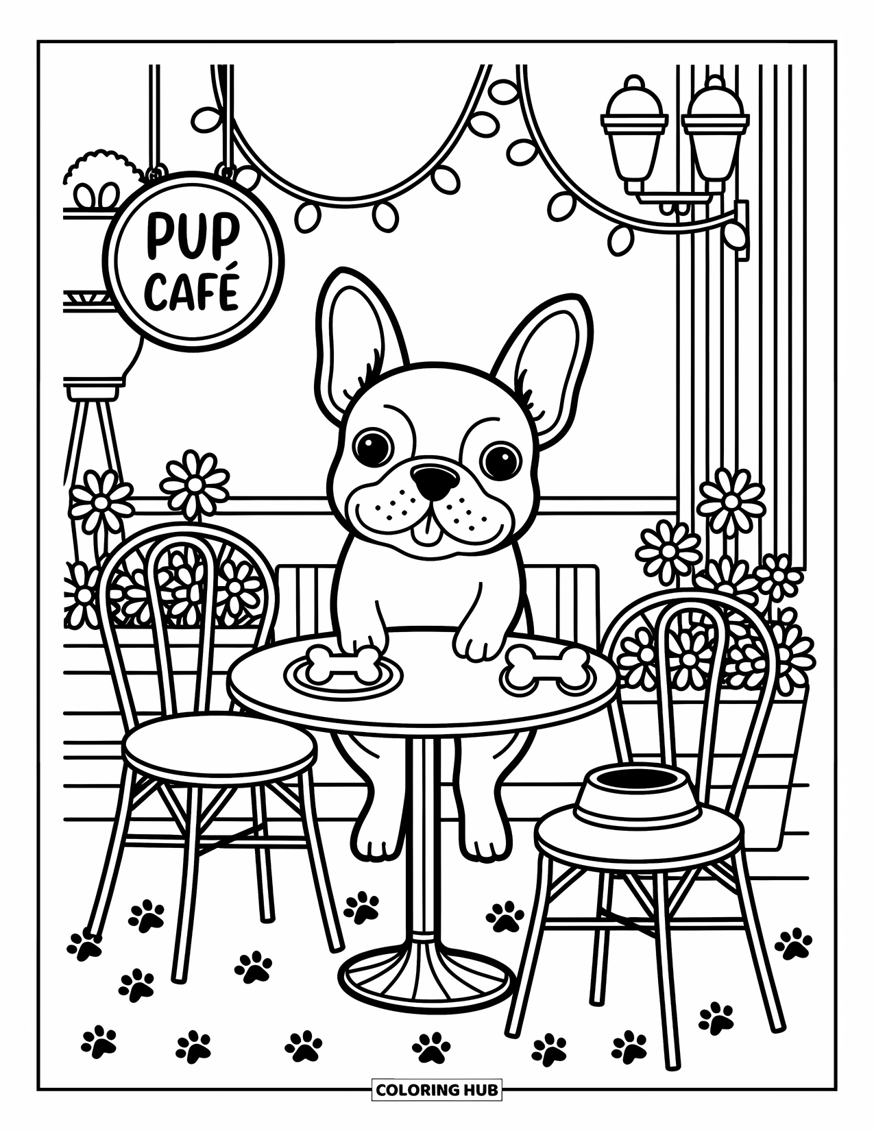 Desenho de Bulldog Francês para Adultos: Bulldog Francês janta em um café para filhotes com azulejos de estampa de pata e luzes de café