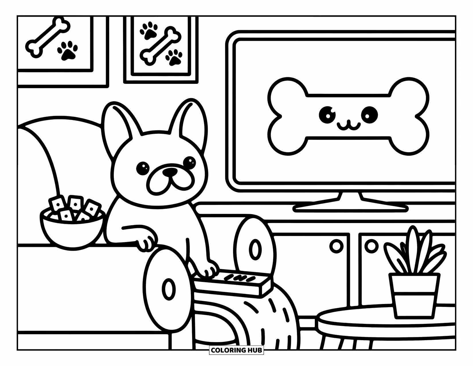 Desenho de Bulldog Francês para Adultos: Bulldog Francês relaxa em um sofá com um cobertor e controle remoto