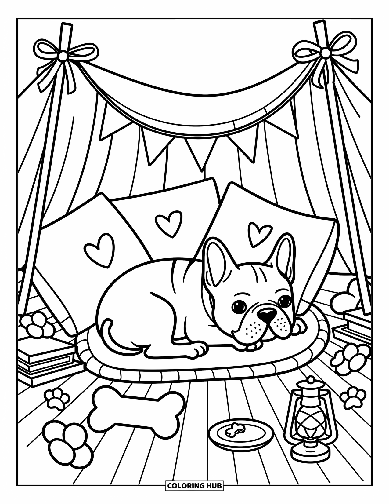 Desenho de Bulldog Francês para Adultos: Bulldog Francês cochila dentro de um forte com travesseiros de pata e uma luz suave