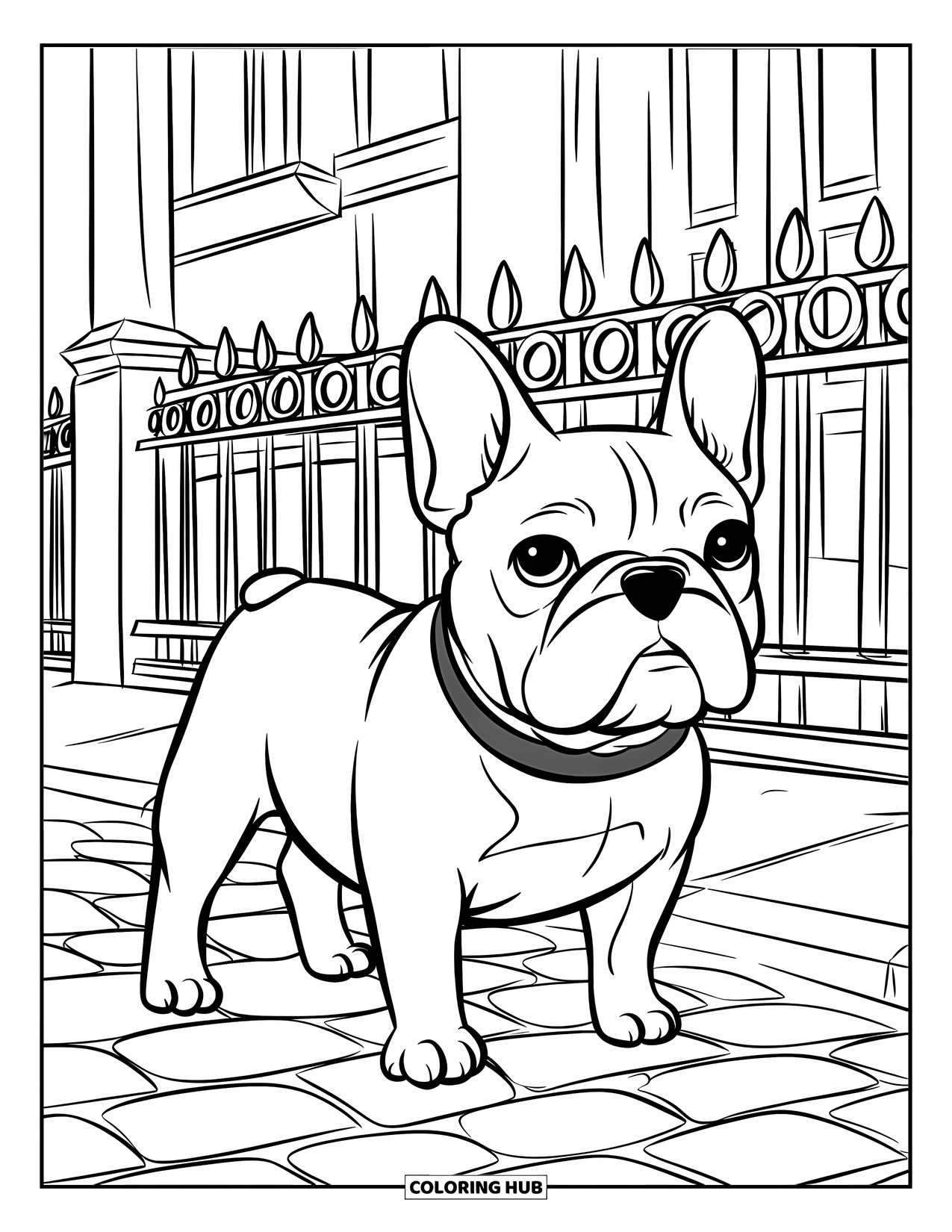 Desenho de Bulldog Francês para Adultos: Bulldog Francês posa em uma cena detalhada da cidade com cercas e janelas