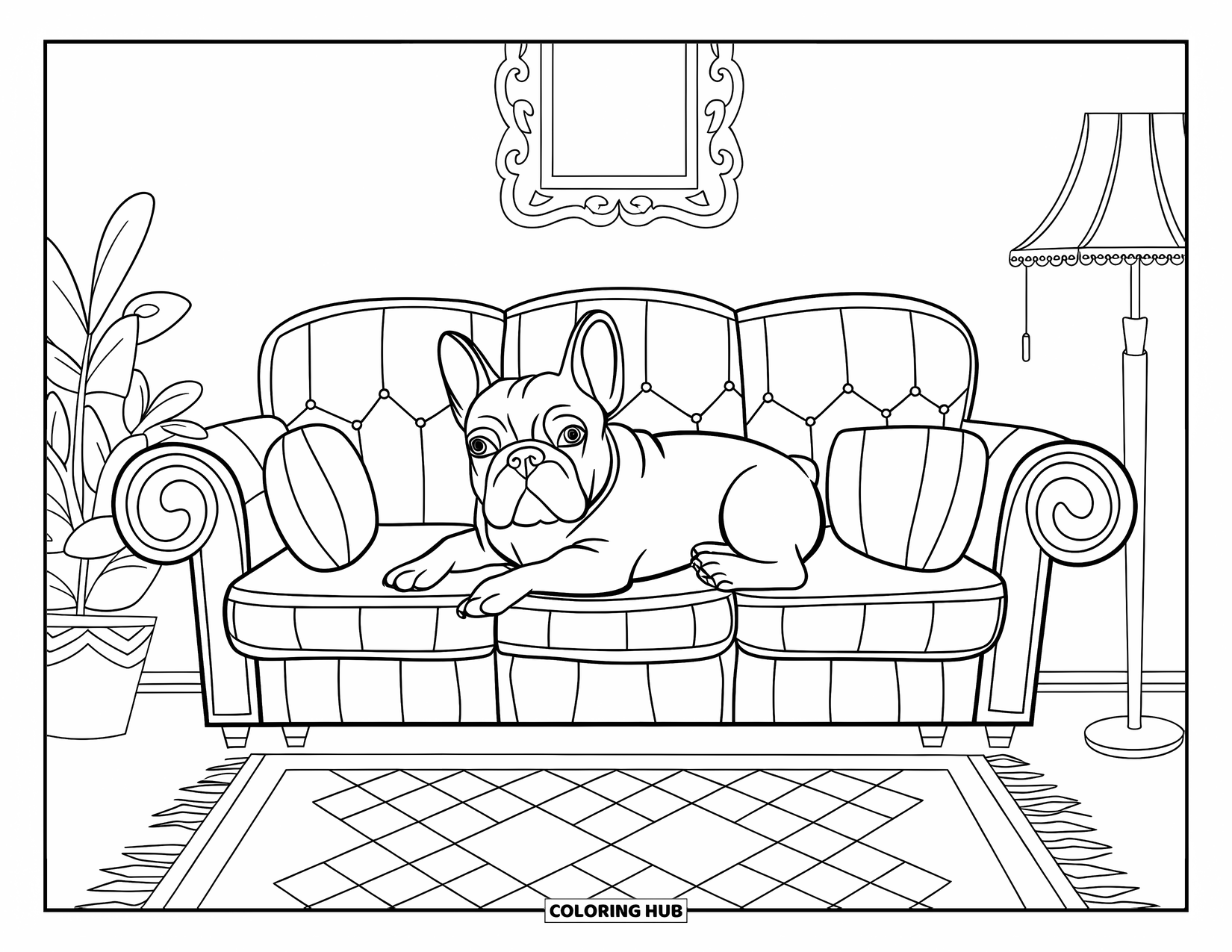 Desenho de Bulldog Francês para Adultos: Bulldog Francês relaxa em um sofá perto de uma planta e padrões retrô
