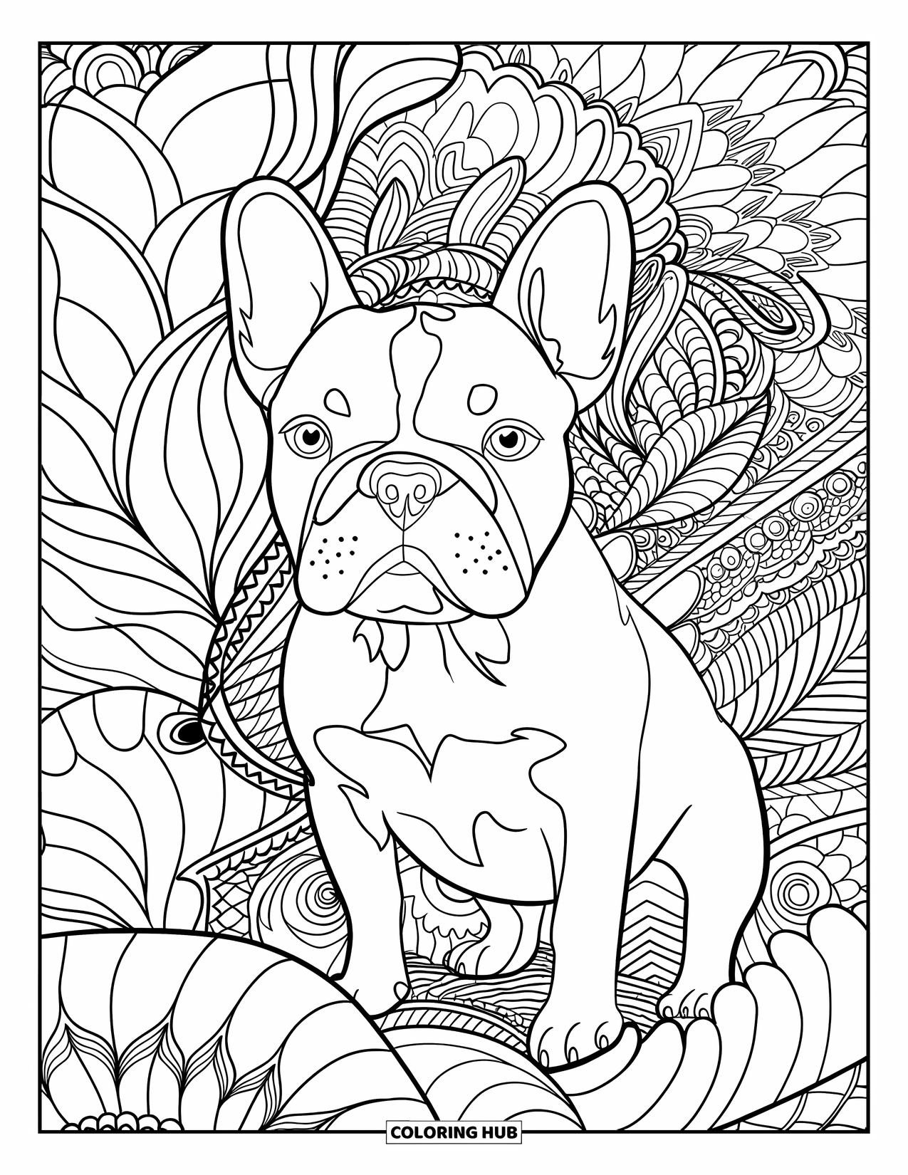 Desenho de Bulldog Francês para Adultos: Bulldog Francês descansa entre intrincados padrões de folhagem e detalhes florais
