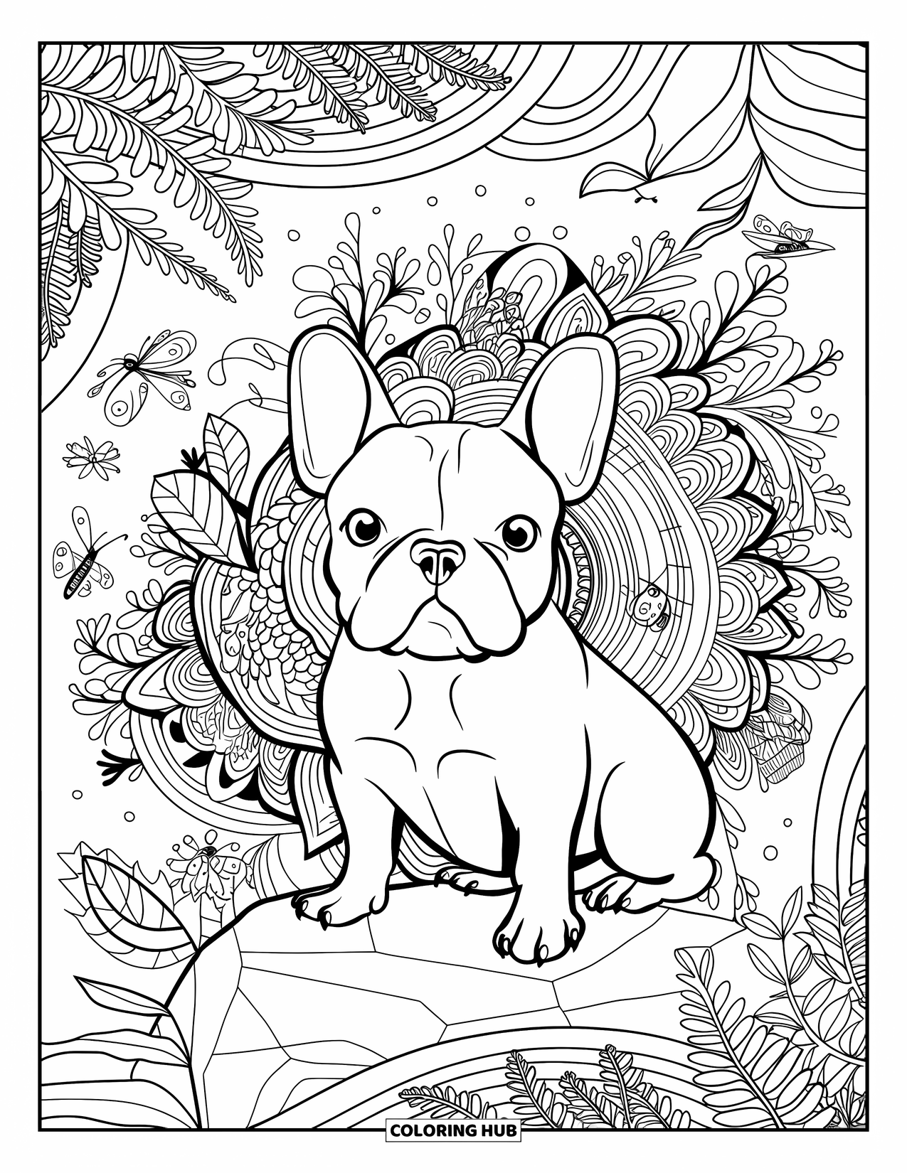 Desenho de Bulldog Francês para Adultos: Bulldog Francês descansa em uma rocha em um jardim de mandala cheio de natureza