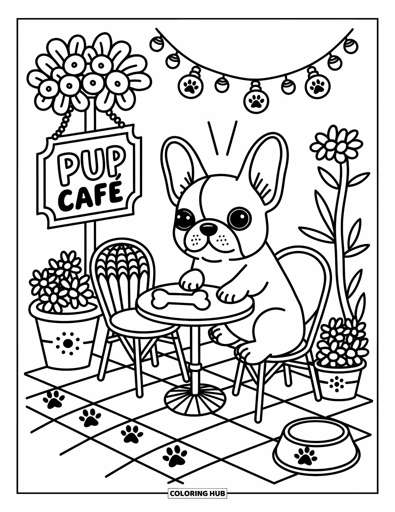 Desenho de Bulldog Francês para Adultos: Bulldog Francês sentado a uma mesa de café com um petisco e uma pequena tigela de cachorro