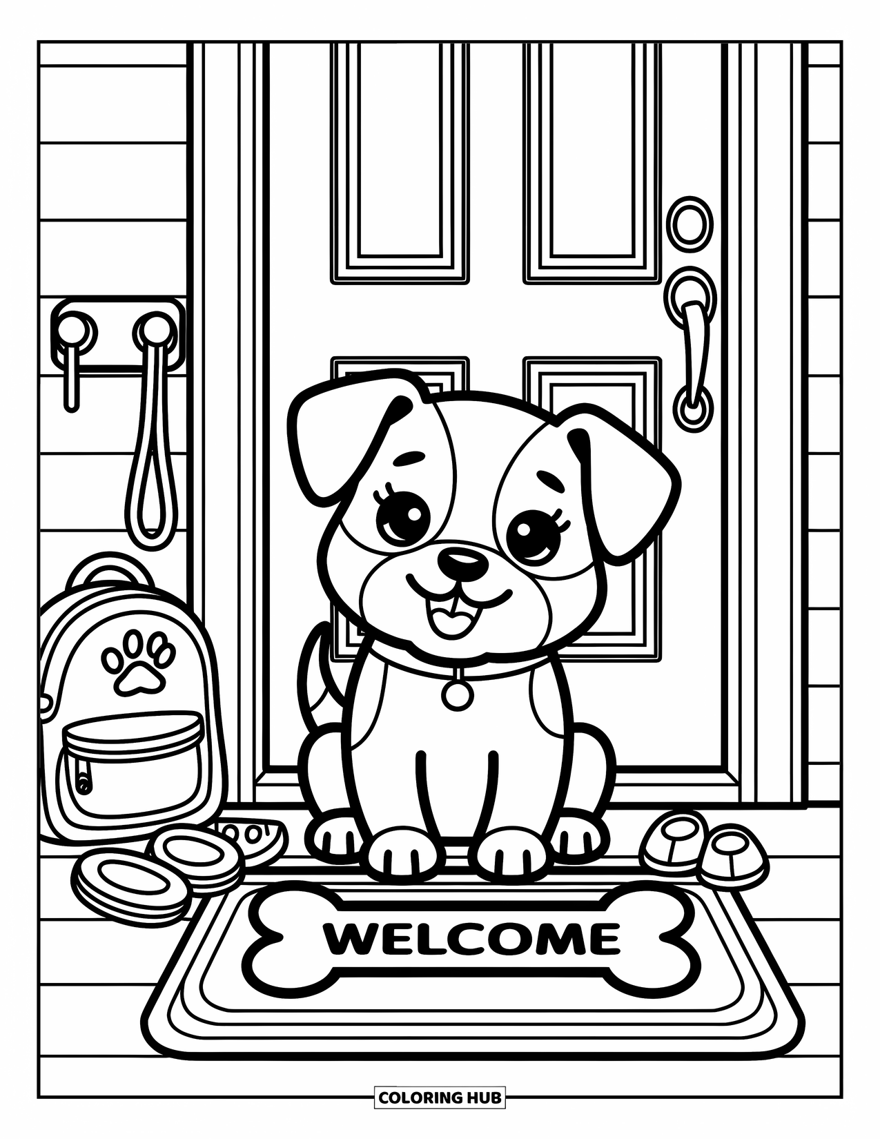 Desenho de Bulldog Francês para Adultos: Bulldog Francês sentado perto da porta da frente, pronto para uma aventura