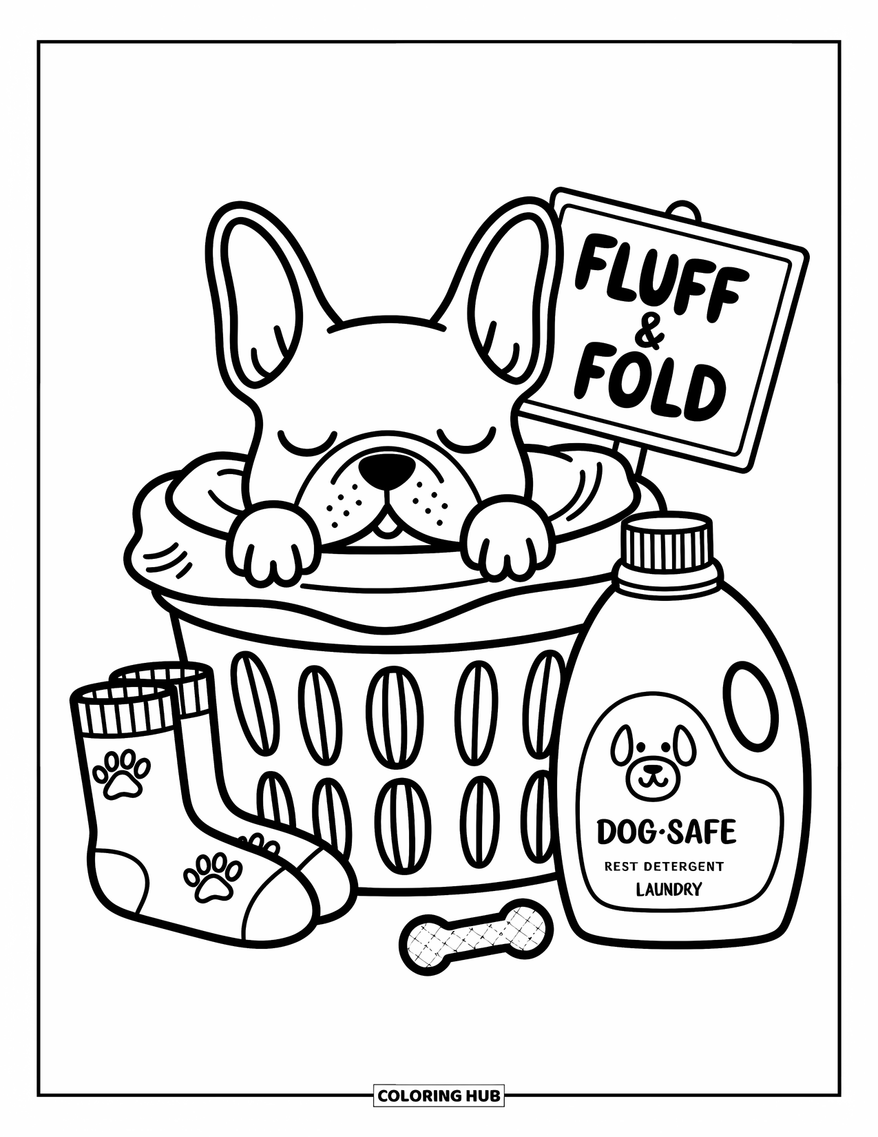 Desenho de Bulldog Francês para Adultos: Bulldog Francês cochila na roupa cercado por roupas fofas e limpas