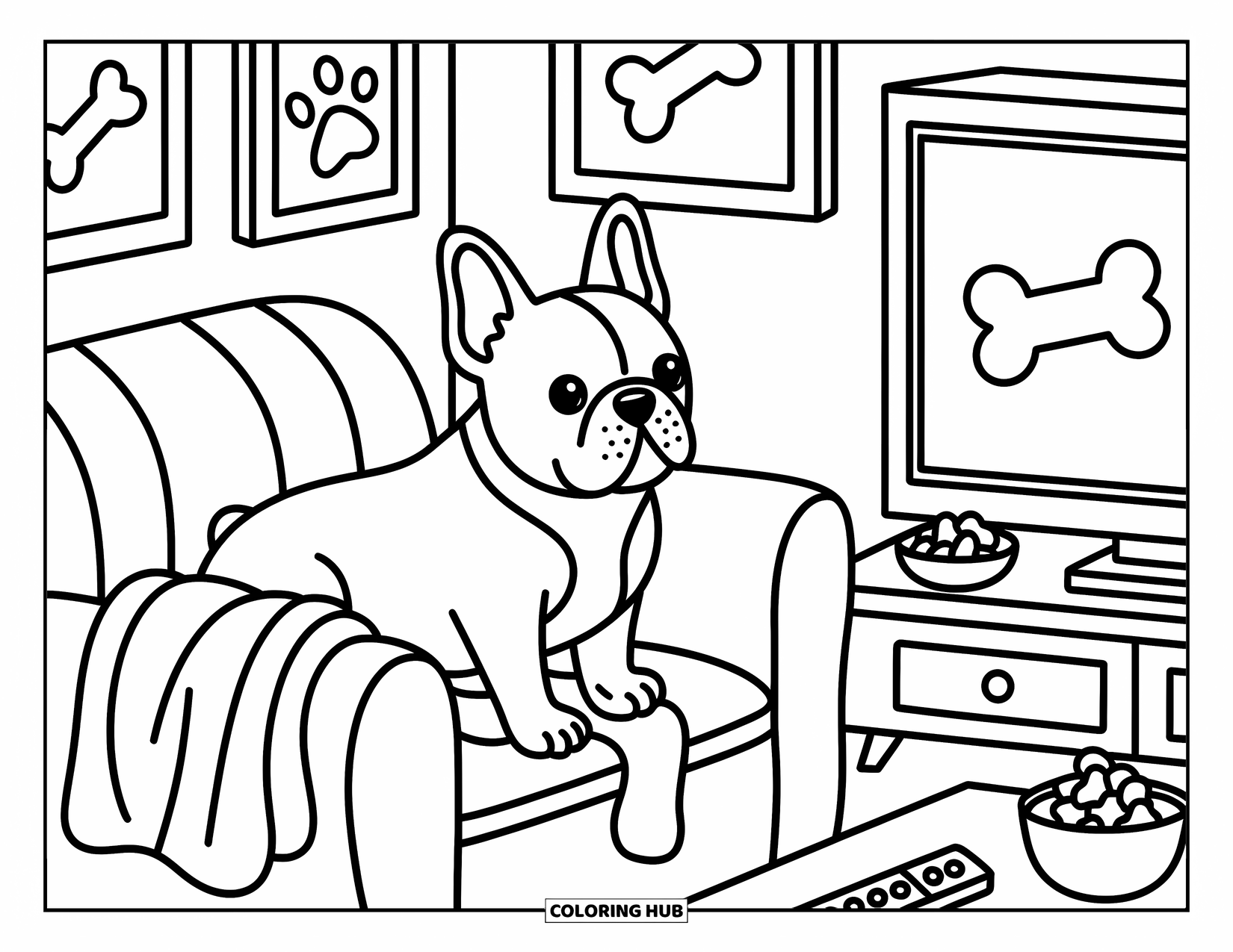 Desenho de Bulldog Francês para Adultos: Bulldog Francês se aconchega no sofá, assistindo a um osso de desenho animado na TV