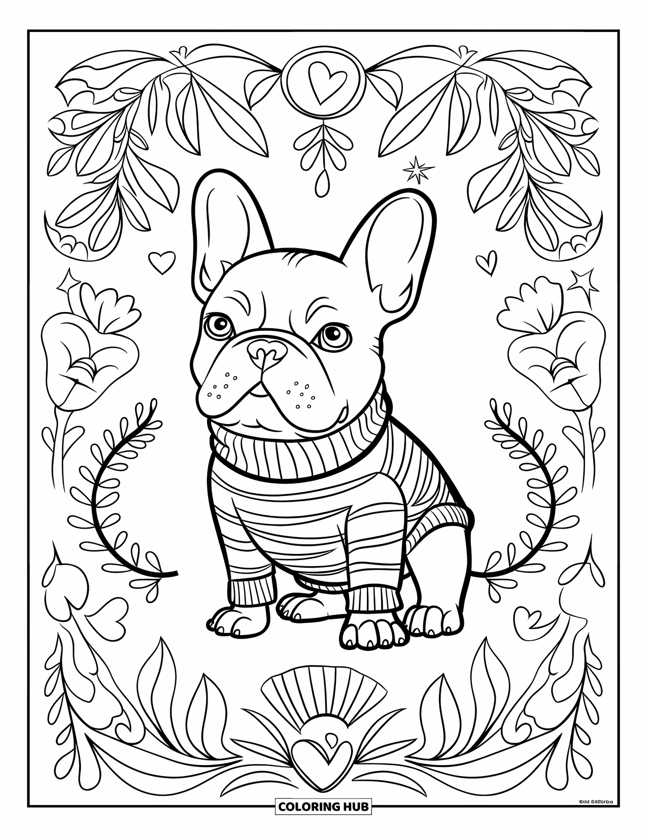 Desenho de Bulldog Francês para Adultos: Bulldog Francês usa um suéter listrado em um fundo cheio de desenhos florais