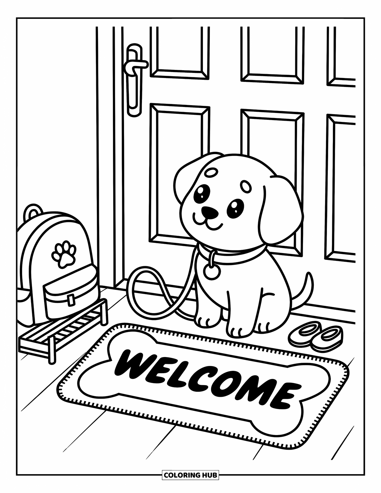 Desenho de Bulldog Francês para Adultos: Frenchie perto da porta sentado ao lado de uma mochila e um tapete em forma de osso