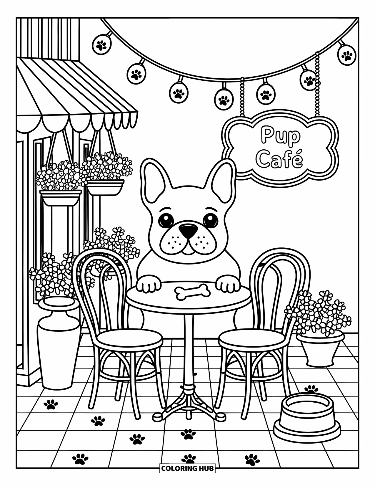 Desenho de Bulldog Francês para Adultos: Frenchie saboreia um biscoito em um café fofo ao ar livre para filhotes