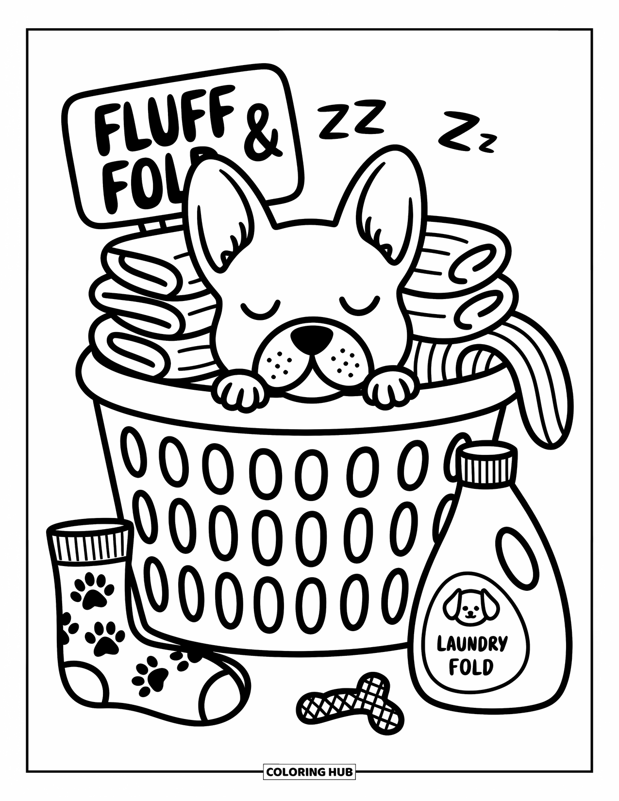 Desenho de Bulldog Francês para Adultos: Frenchie cochila em uma cesta de roupa suja ao lado de meias e brinquedos de cachorro