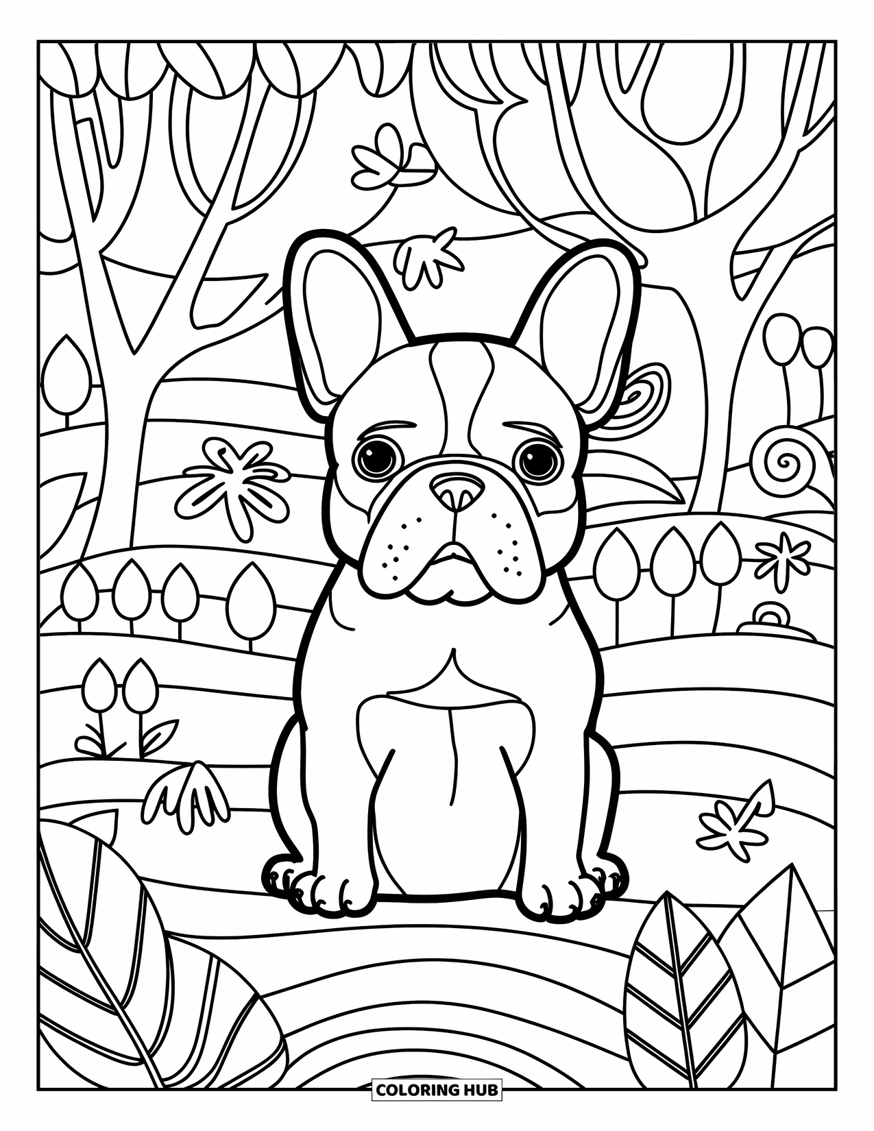Desenho de Bulldog Francês para Adultos: Frenchie sentado entre rabiscos de natureza lúdicos e folhas em camadas