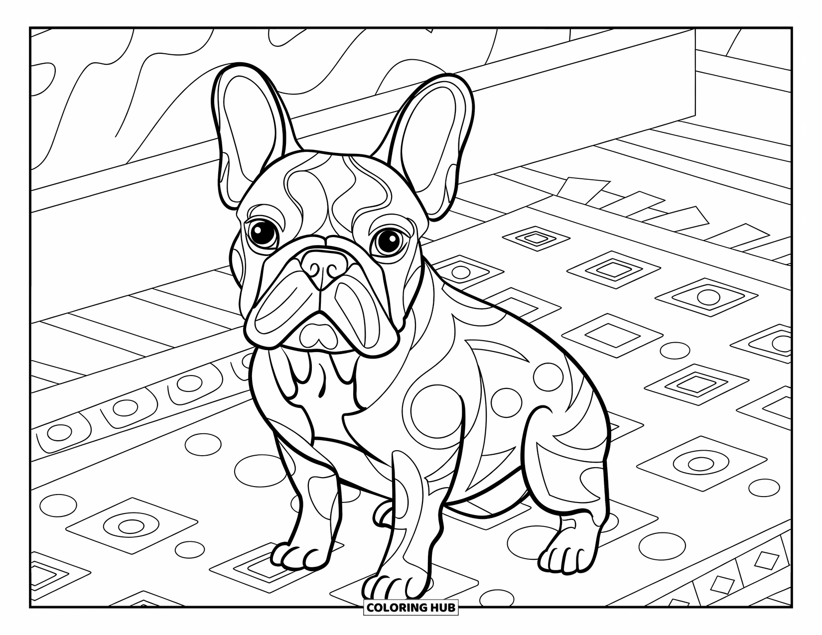 Desenho de Bulldog Francês para Adultos: Frenchie sentado em um tapete estampado cercado por desenhos abstratos