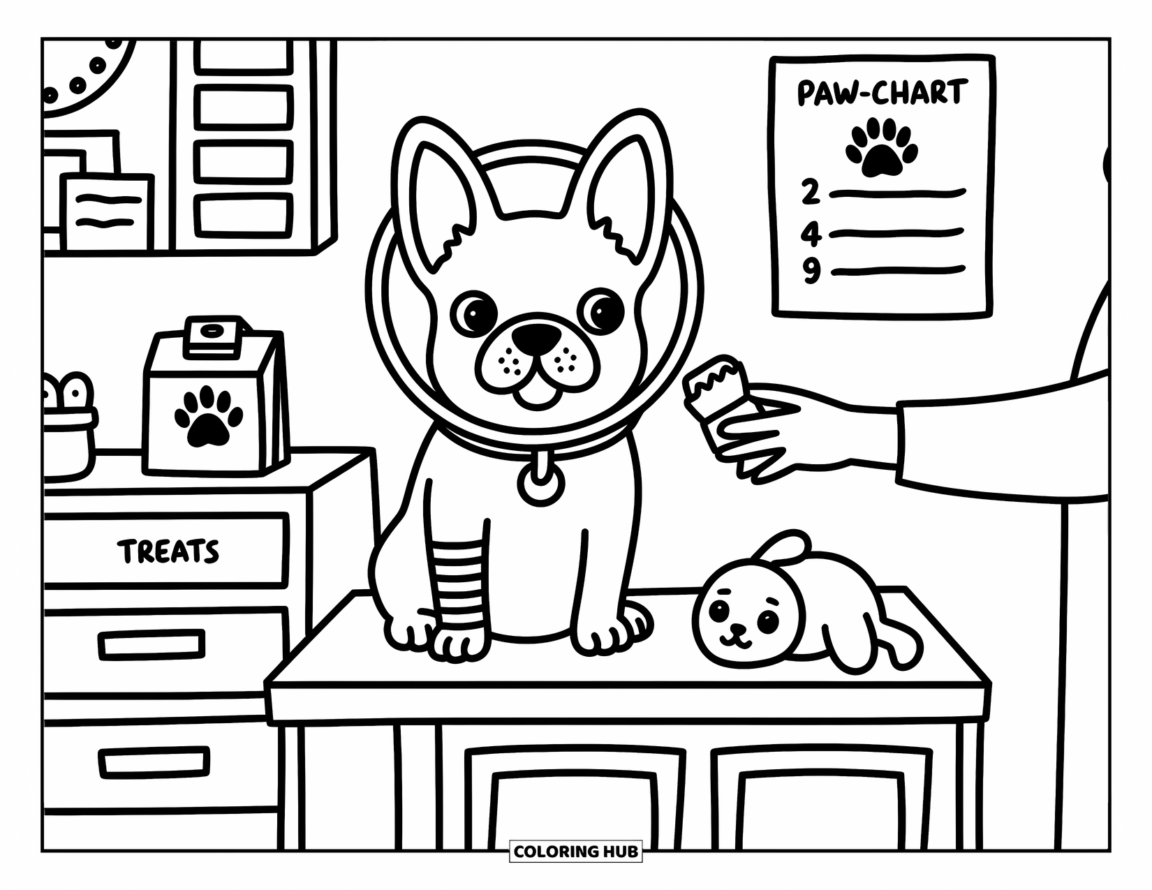 Desenho de Bulldog Francês para Adultos: Frenchie sentado na mesa de exame em um cone, alcançando o lanche do veterinário