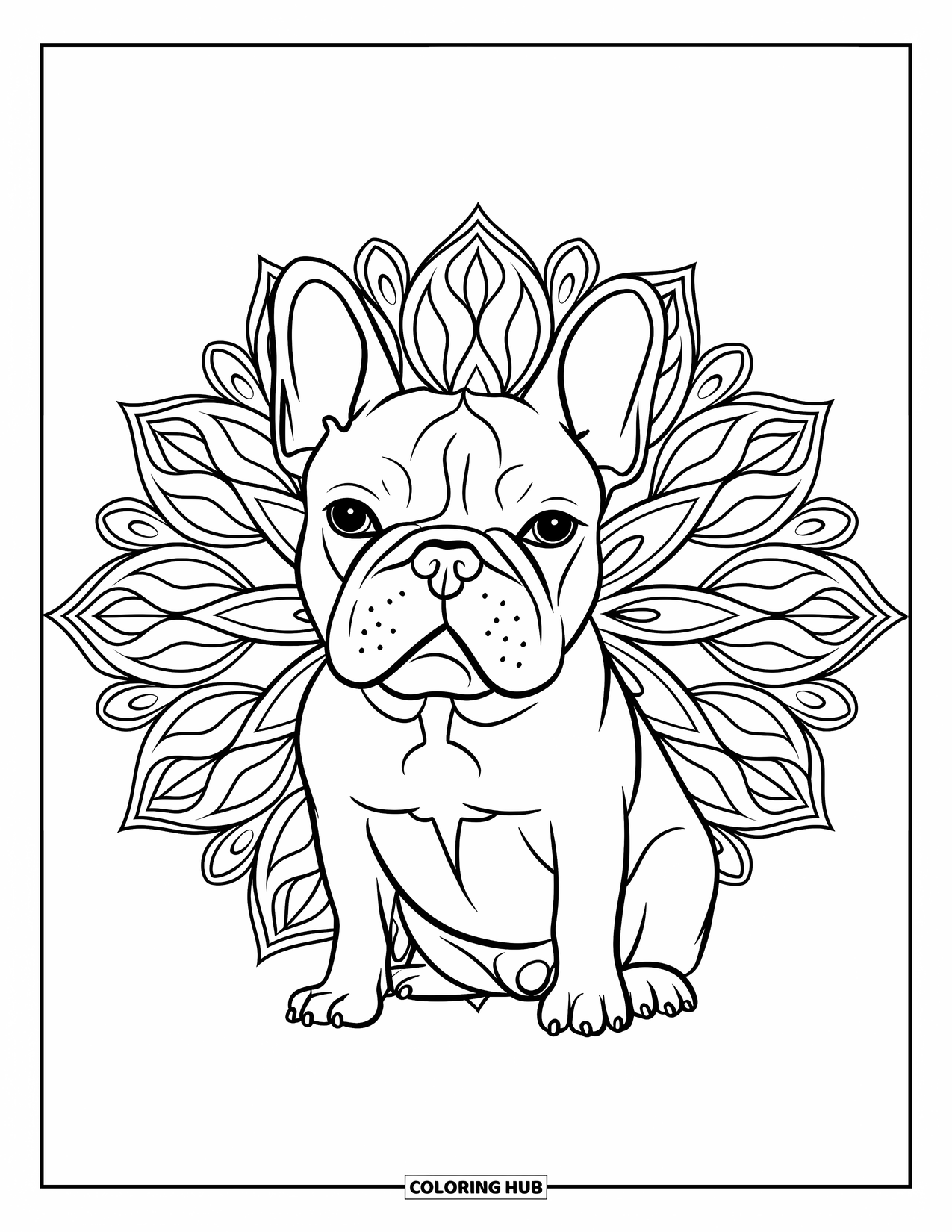Desenho de Bulldog Francês para Adultos: Frenchie sentado pacificamente com uma mandala floral desabrochando atrás