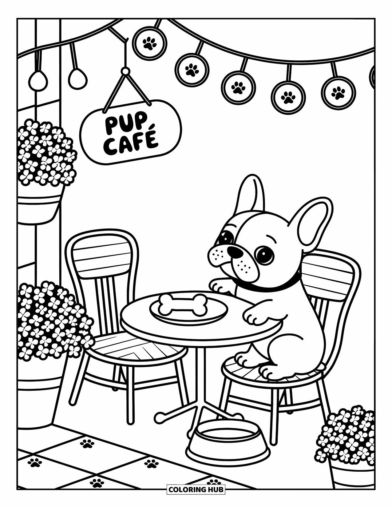 Desenho de Bulldog Francês para Adultos: Frenchie lancha em uma mesa de café sob luzes cintilantes e vasos de flores
