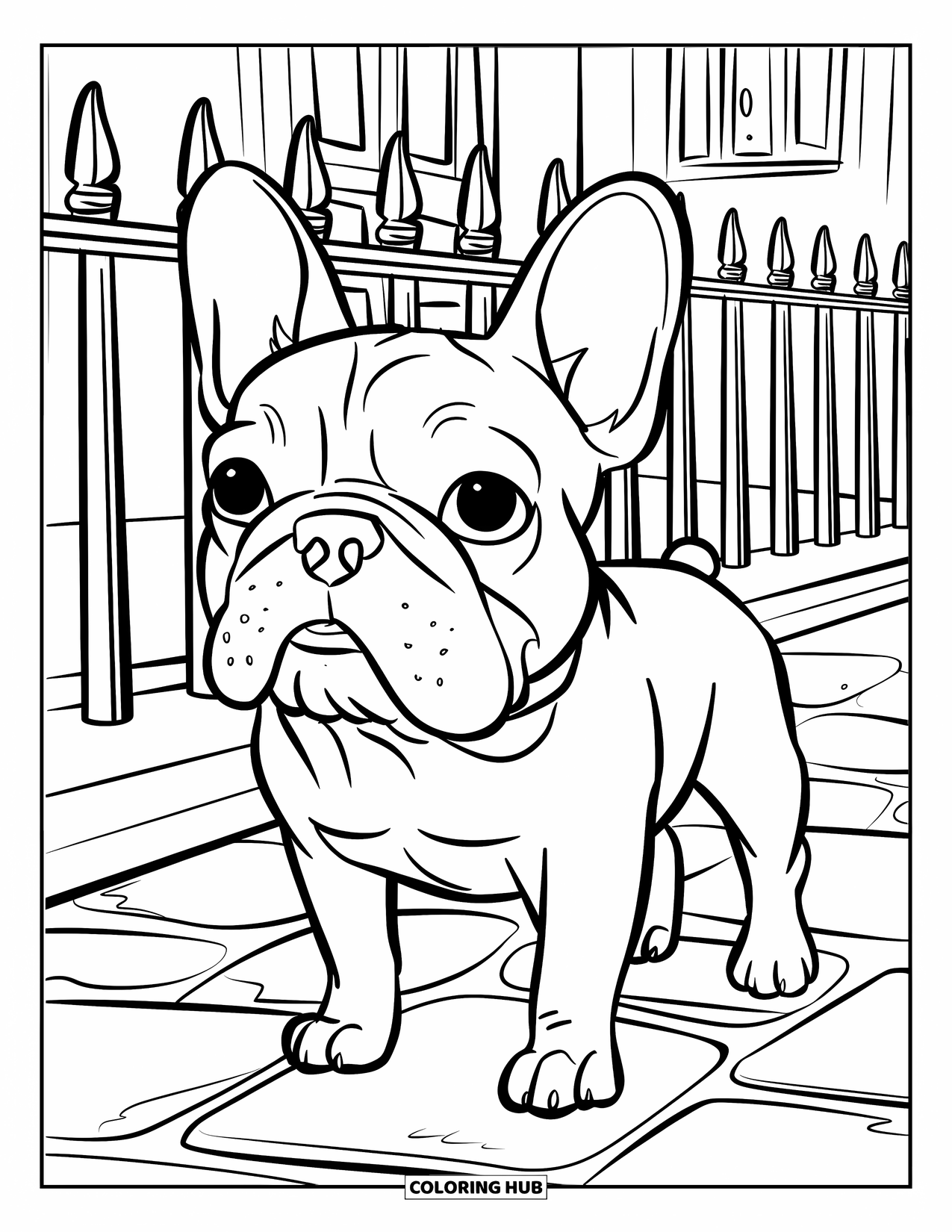 Desenho de Bulldog Francês para Adultos: Frenchie em pé sobre paralelepípedos perto de cercas sofisticadas e edifícios encantadores