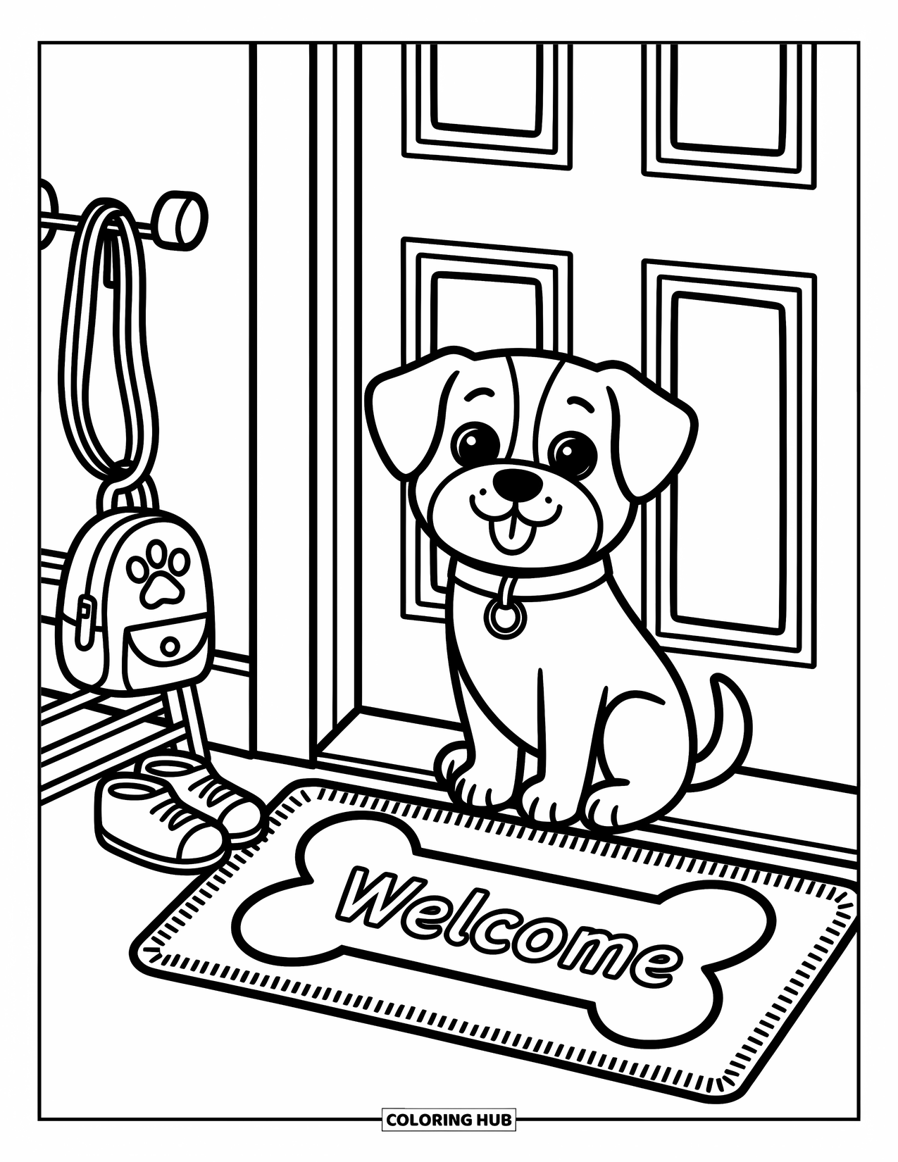 Desenho de Bulldog Francês para Adultos: Frenchie espera perto da porta com uma coleira, colar e uma pequena mochila