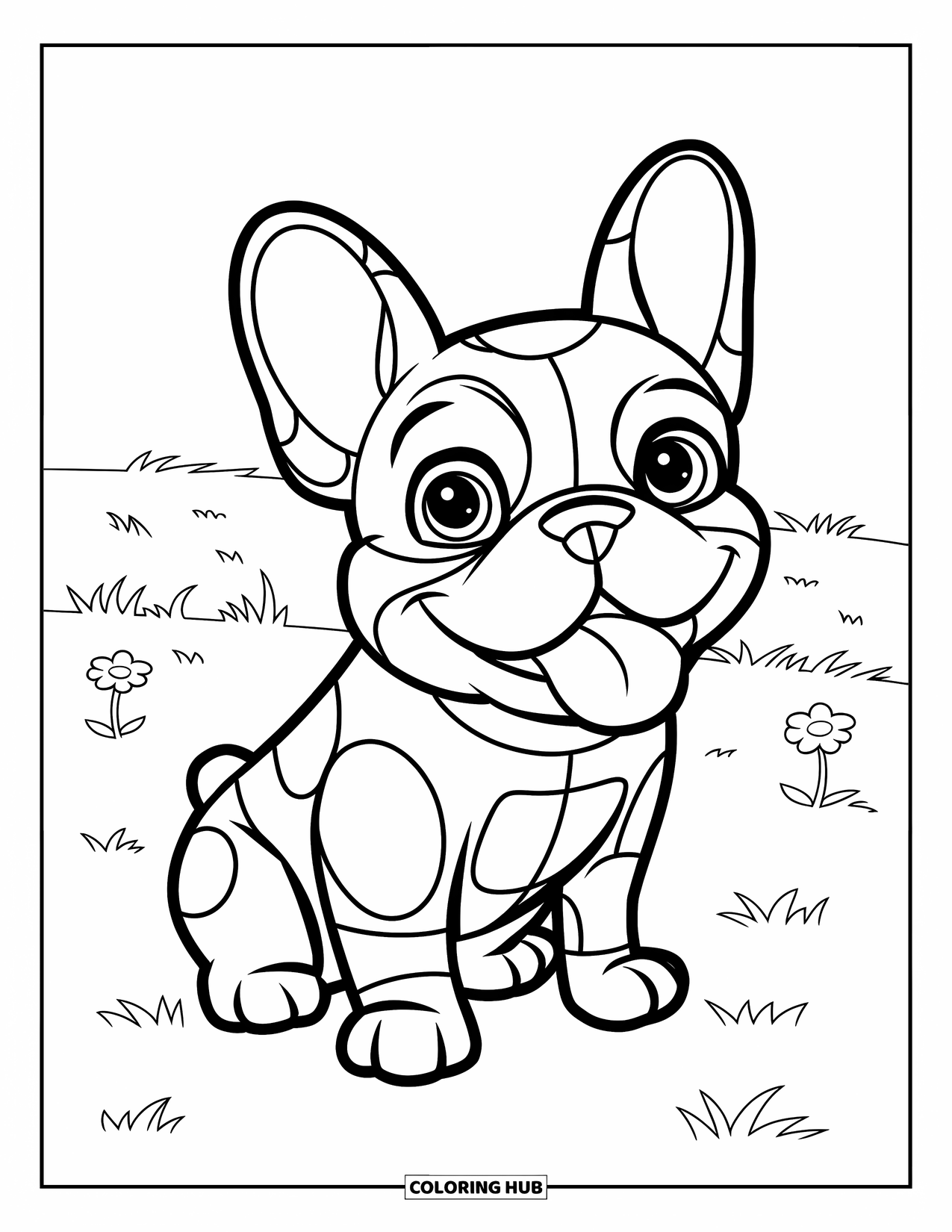 Desenho de Bulldog Francês para Crianças: Bulldog Francês alegre com a língua para fora sentado perto de flores