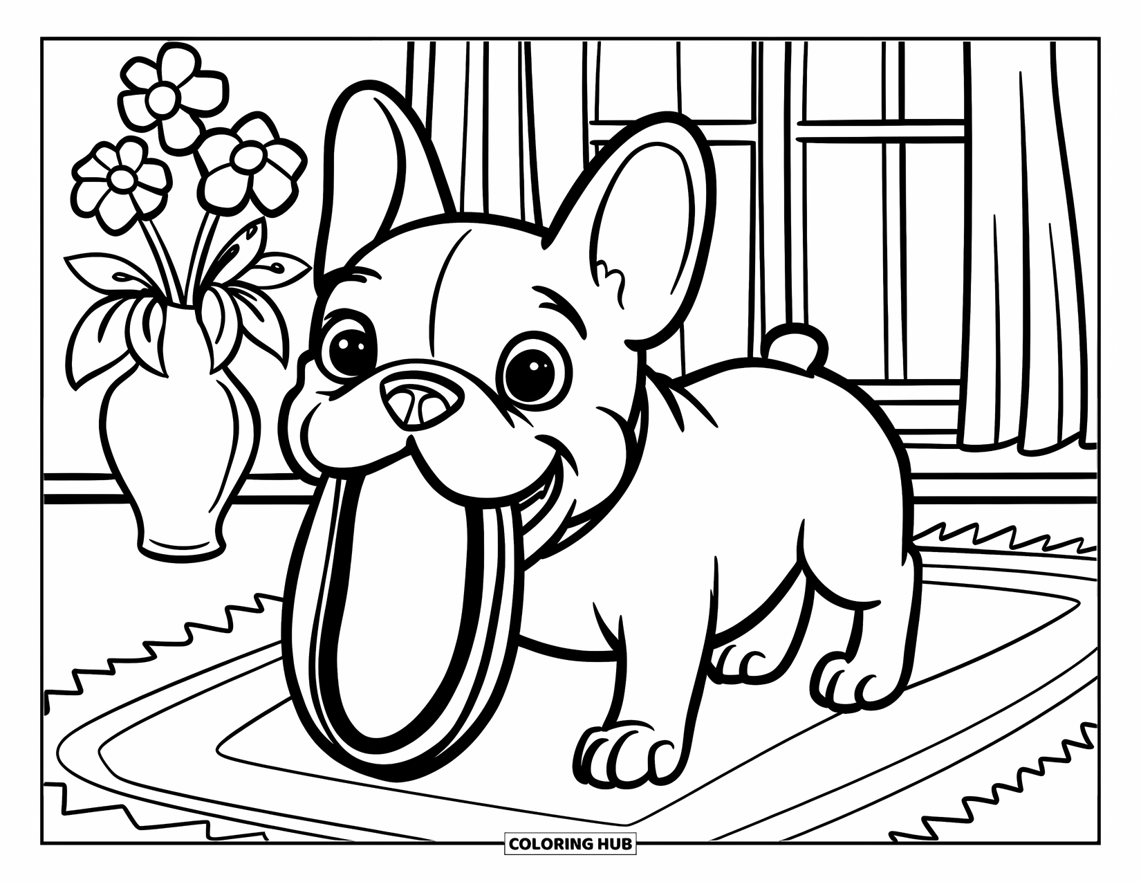 Desenho de Bulldog Francês para Crianças: Frenchie alegre segura um chinelo perto de flores e uma janela ensolarada