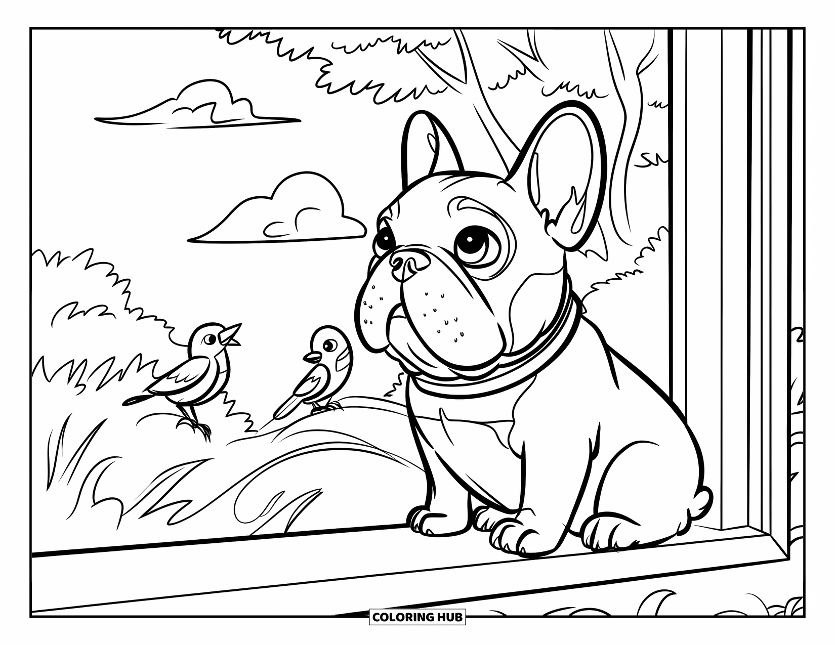 Desenho de Bulldog Francês para Crianças: Frenchie curioso observa pássaros de um parapeito de janela cercado por árvores
