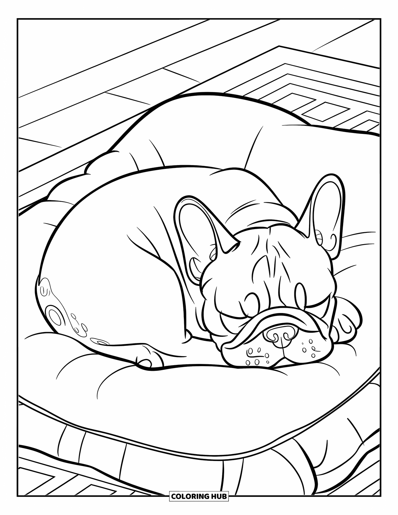 Desenho de Bulldog Francês para Crianças: Frenchie enrolado cochila pacificamente em um tapete estampado