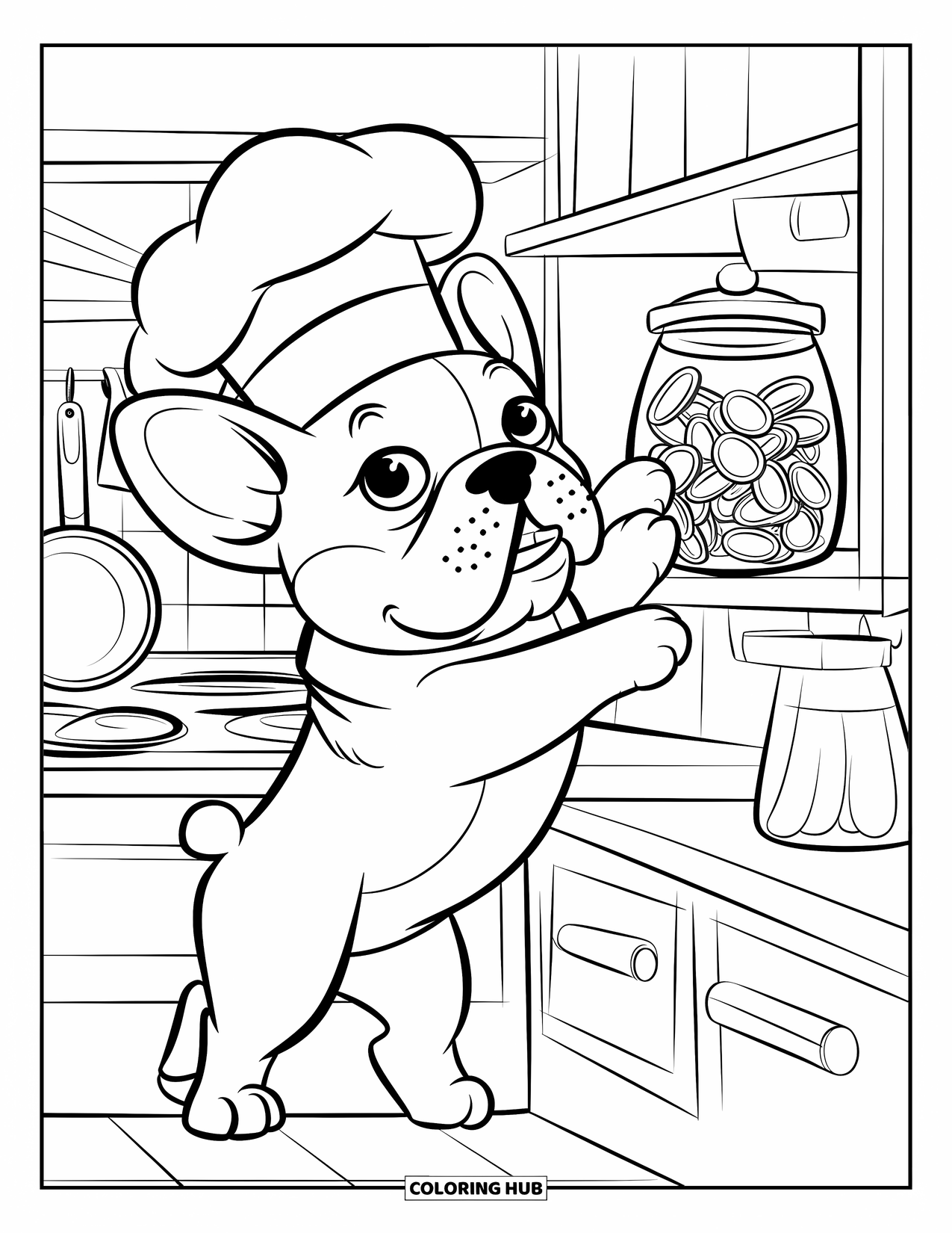 Desenho de Bulldog Francês para Crianças: Bulldog Francês determinado com um chapéu de chef alcança um pote de guloseimas alto
