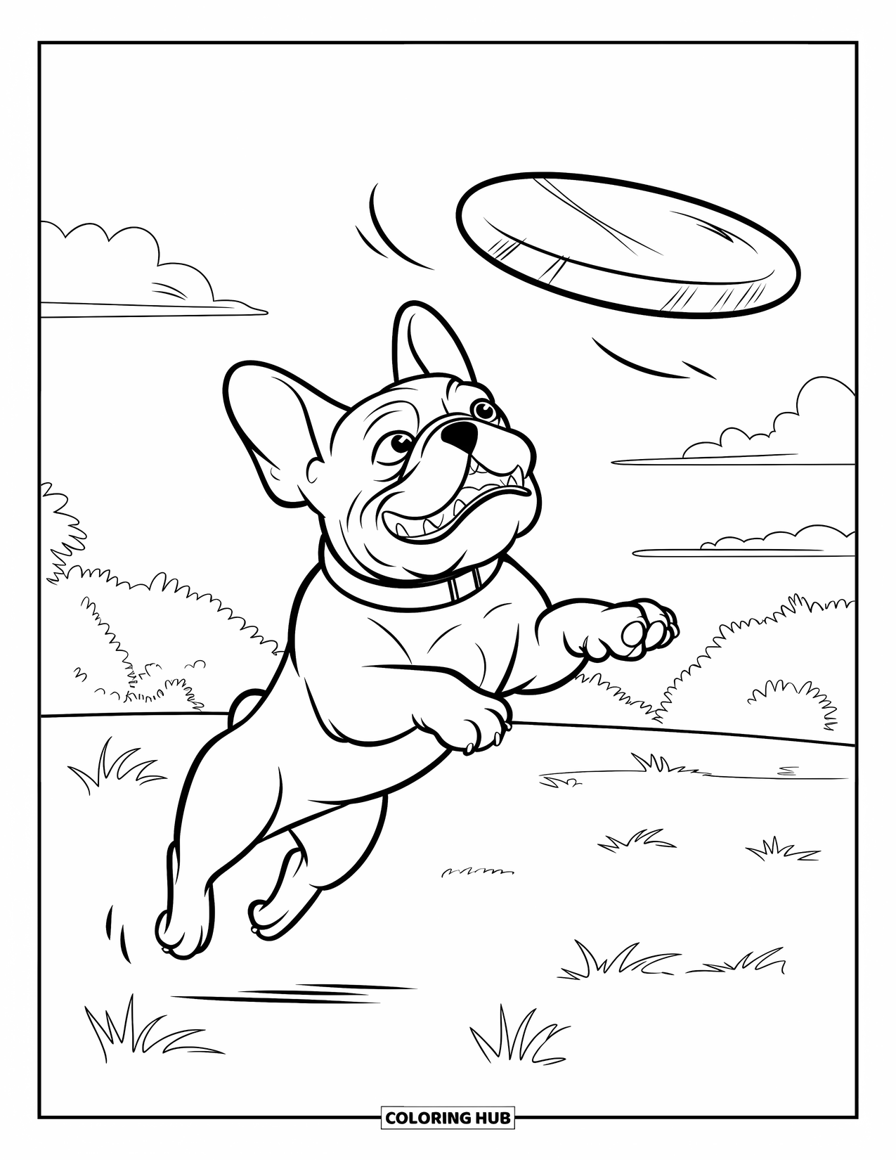 Desenho de Bulldog Francês para Crianças: Bulldog Francês enérgico alcança um frisbee entre as árvores
