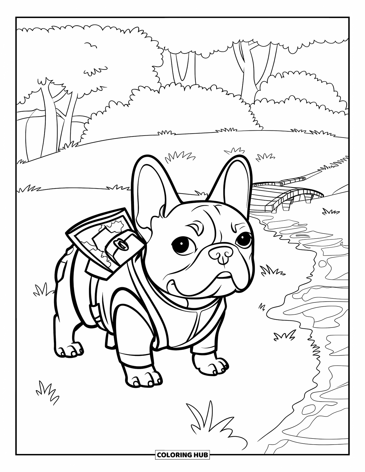 Desenho de Bulldog Francês para Crianças: Bulldog Francês explorador segura um mapa em um campo com uma ponte de madeira