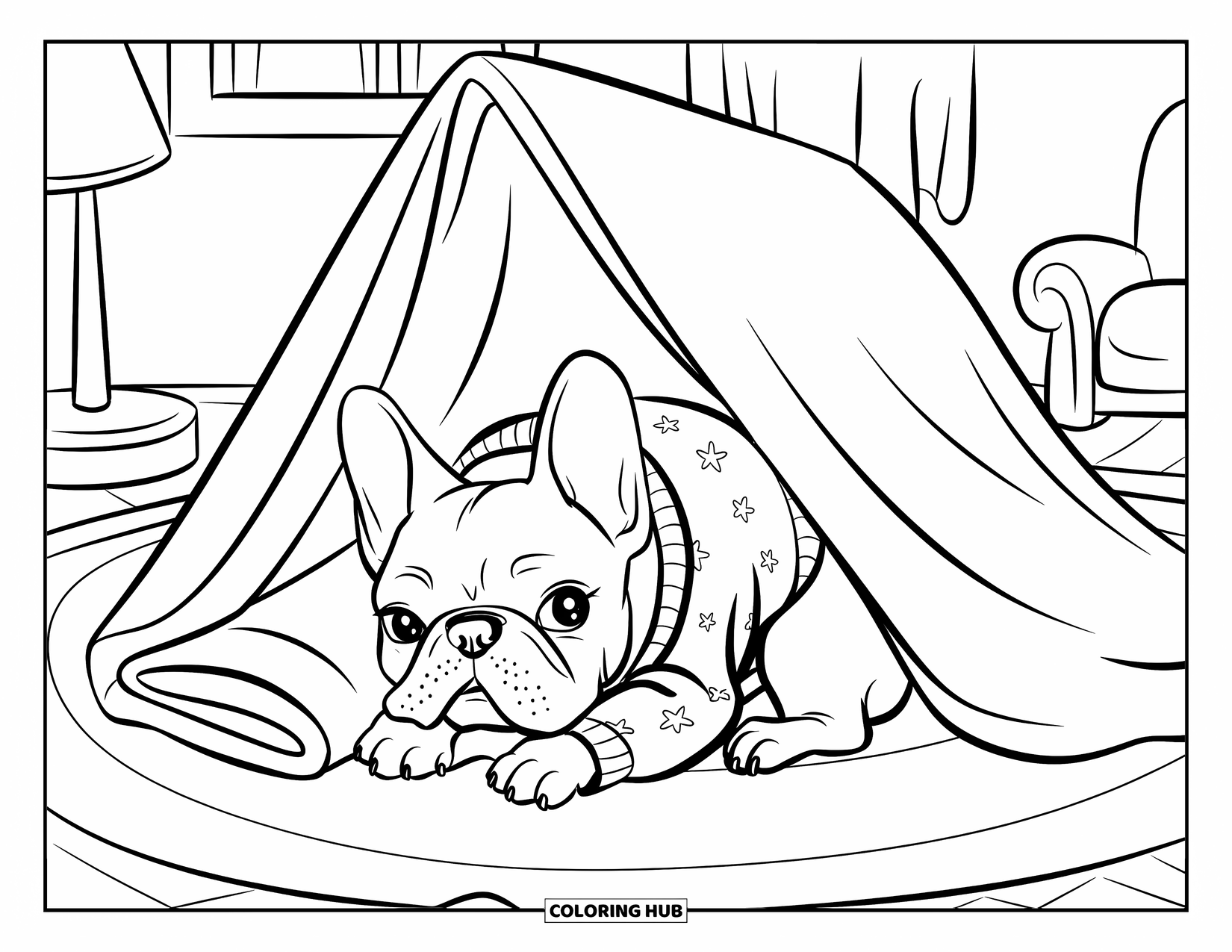 Desenho de Bulldog Francês para Crianças: Bulldog Francês se enrola sob um forte de cobertor quente