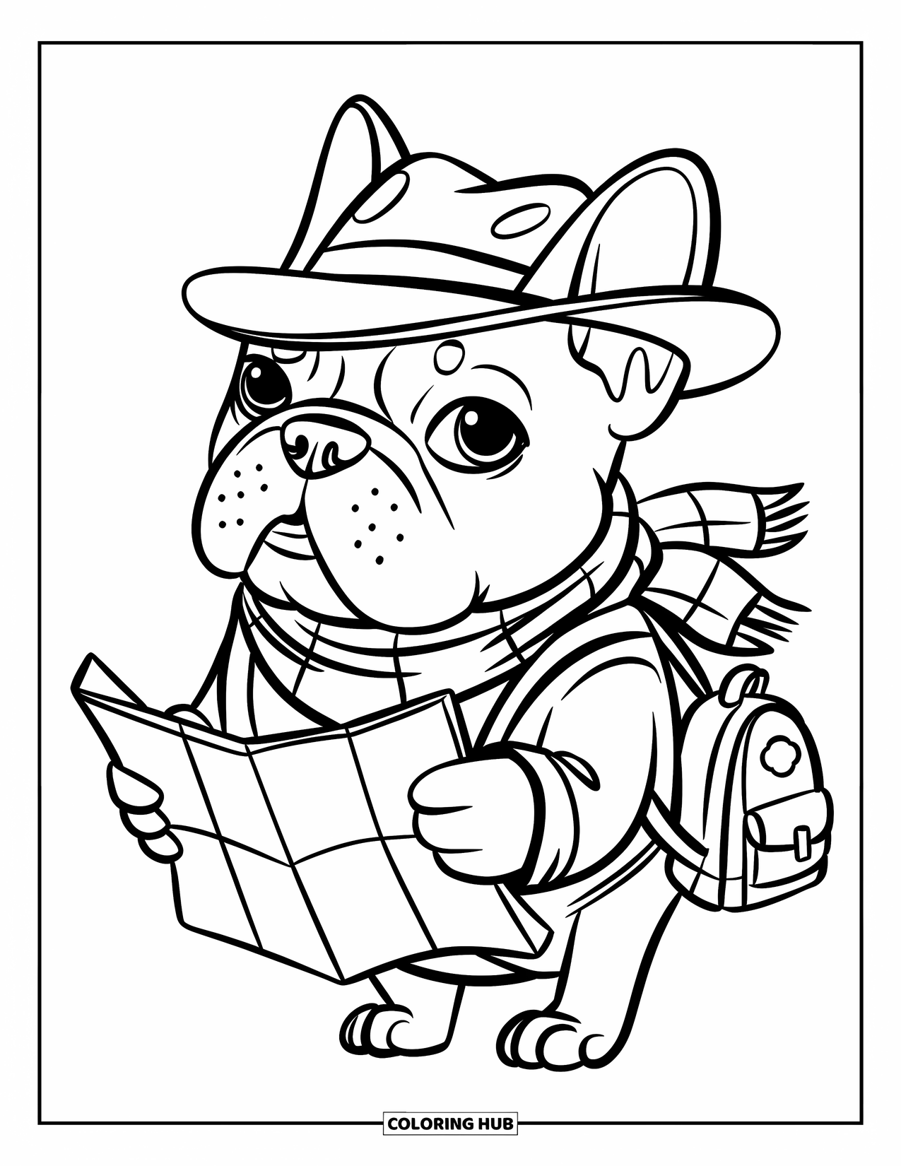Desenho de Bulldog Francês para Crianças: Bulldog Francês vestido como um viajante está pronto com um pequeno mapa