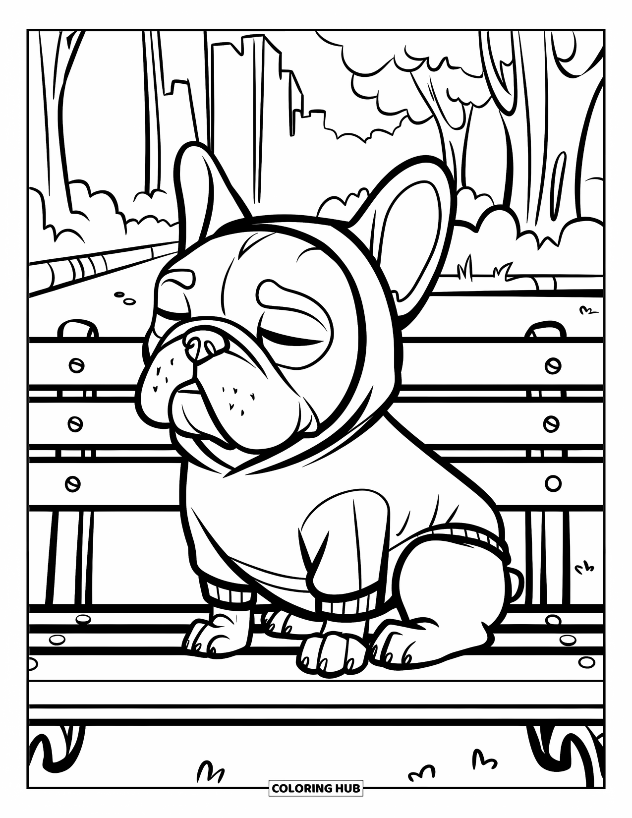 Desenho de Bulldog Francês para Crianças: Bulldog Francês de moletom cochila em um banco no parque
