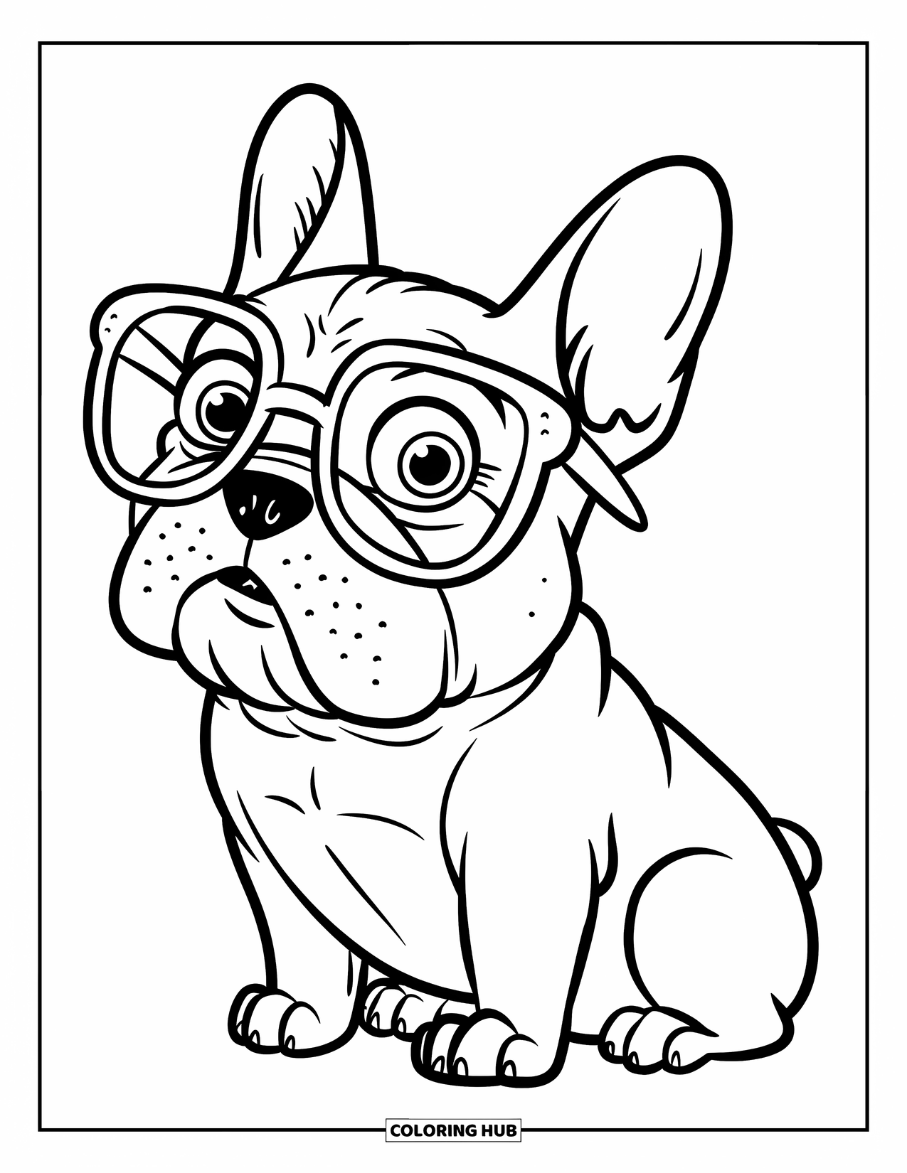 Desenho de Bulldog Francês para Crianças: Bulldog Francês de óculos sentado calmamente em um fundo branco